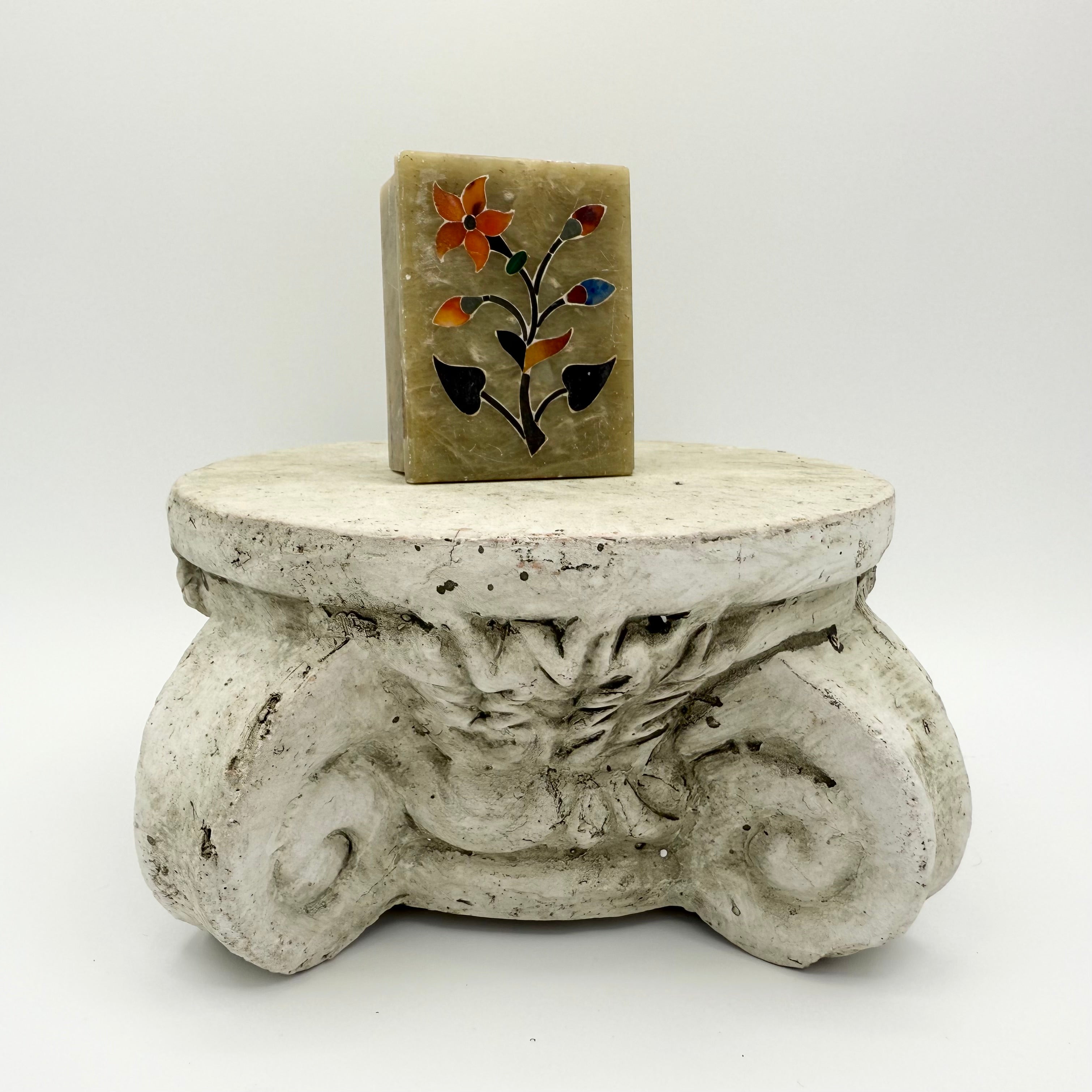 Hand Carved Soapstone Trinket Box with Floral Inlay