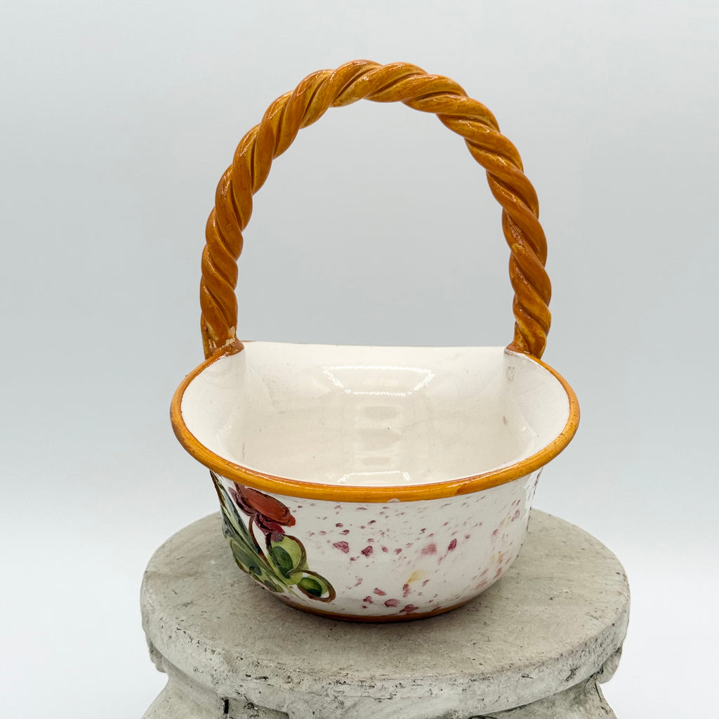 Hand-Painted Italian Majolica Small Basket with Twisted Handle