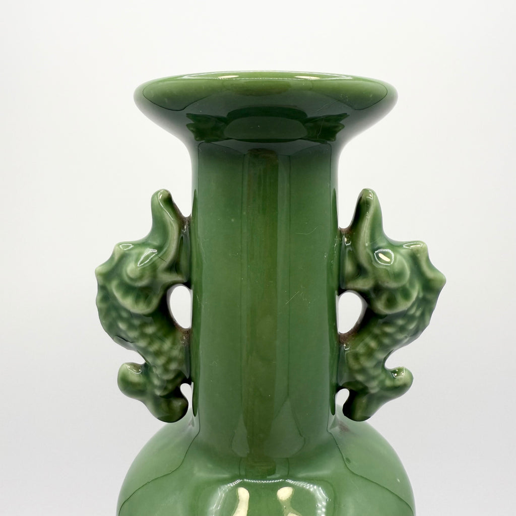 Toyo Japanese Porcelain Jade Green Vase with Fish Handles