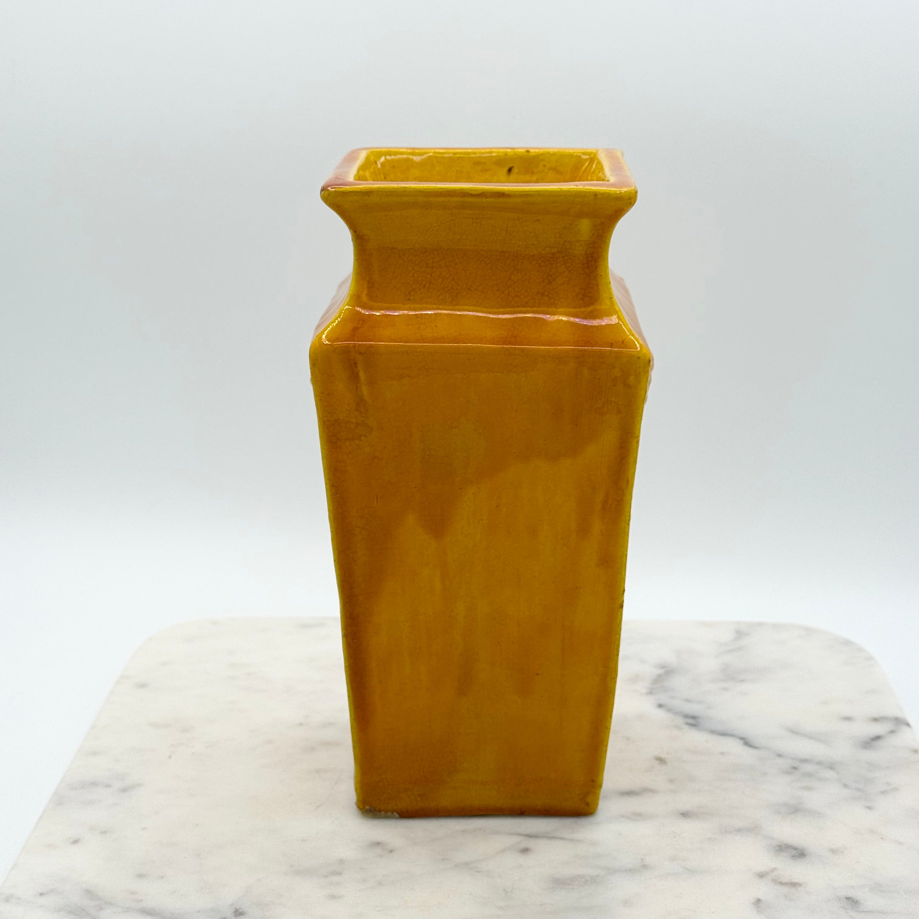 Vintage Japanese Hand Made Yellow Pottery Fu Dog Vase, Marked