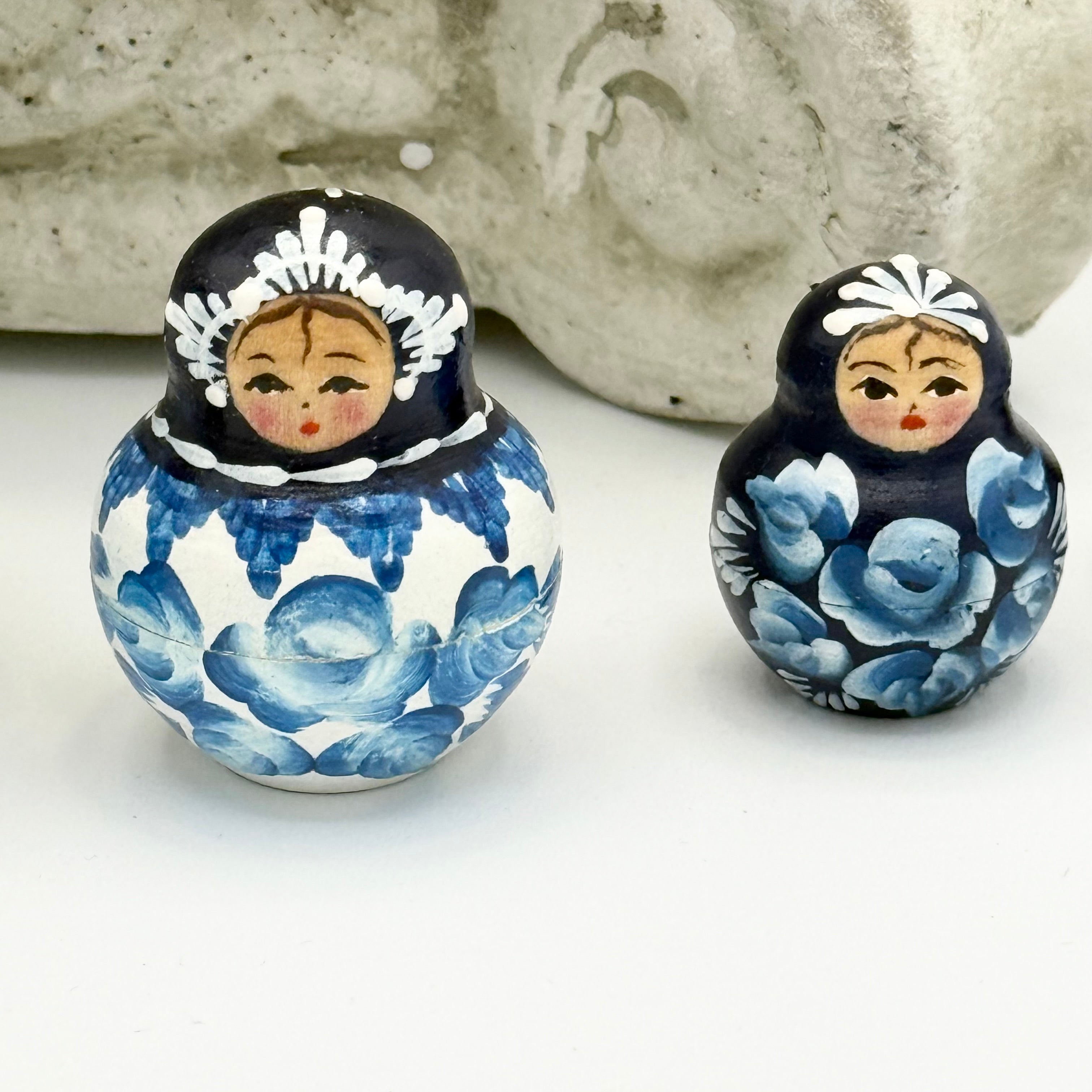 Vintage Hand-Painted Russian Nesting Dolls (Set of 10) – Blue & White Floral Design