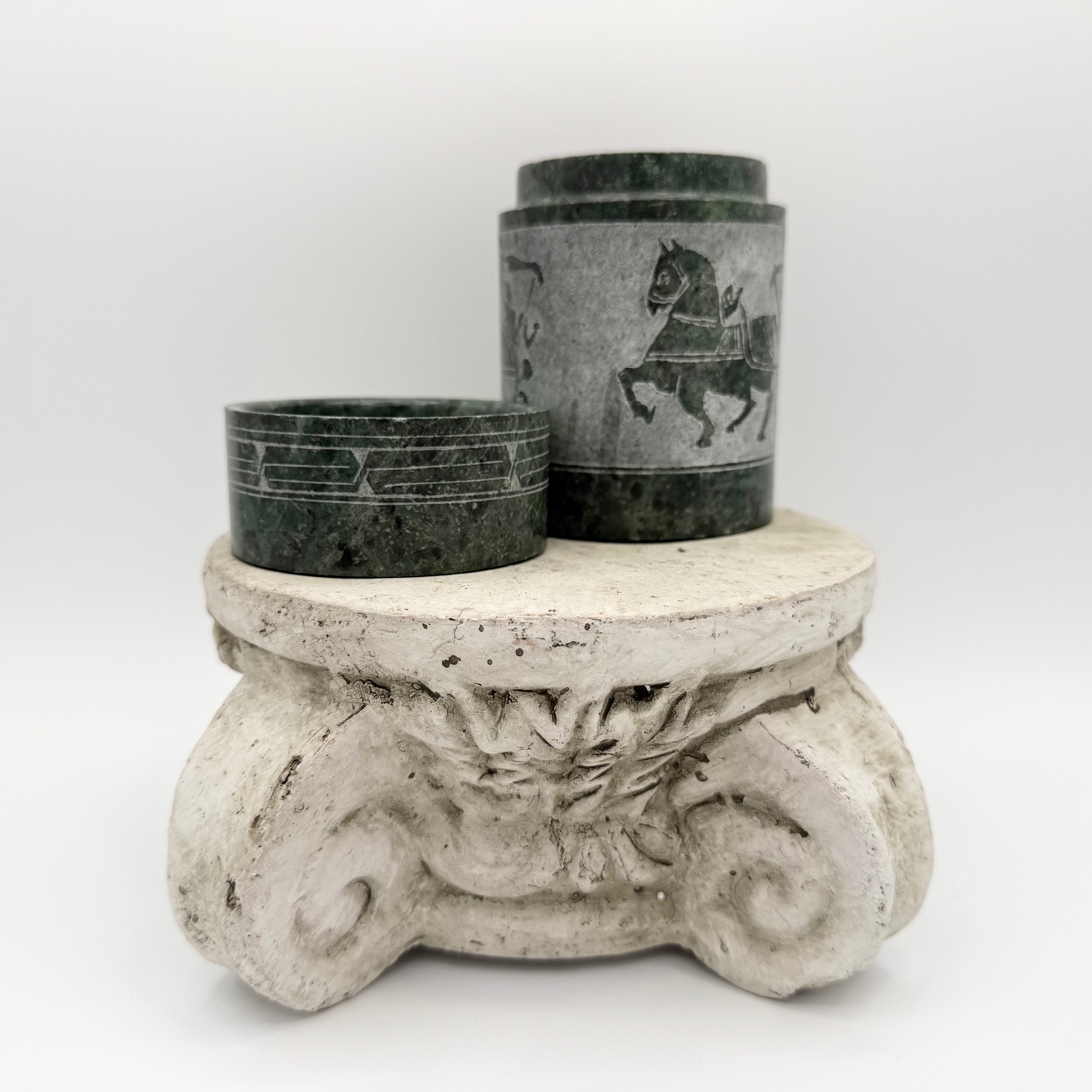 Green Marble Carved Jar With Horse and Chariot Motif
