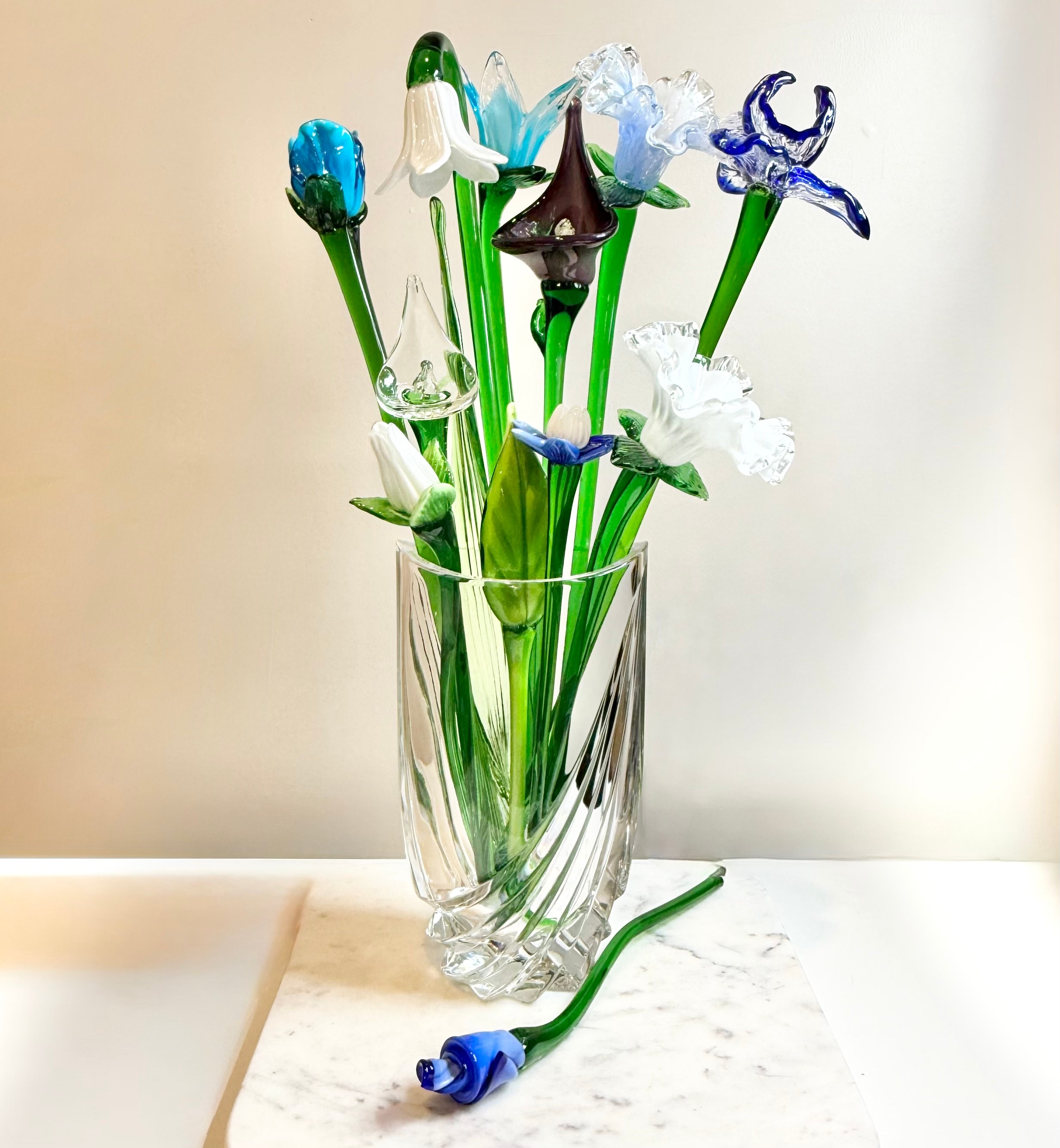 Set of 12 Hand Blown Long Stem Murano Glass Flowers, Made in Italy