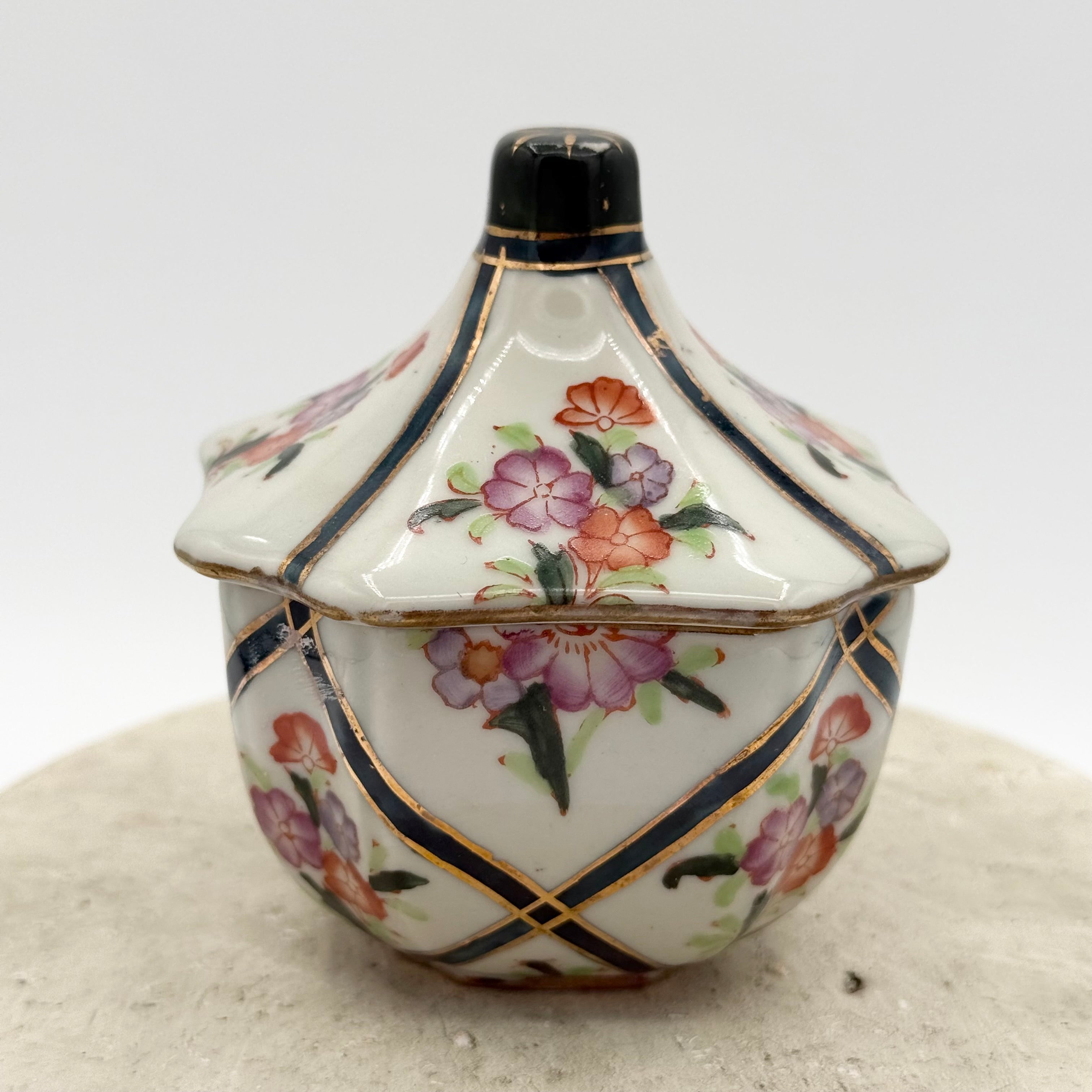 Vintage Hand-Painted Porcelain Lidded Trinket Jar with Cobalt and Gilt Lattice, Floral Motif