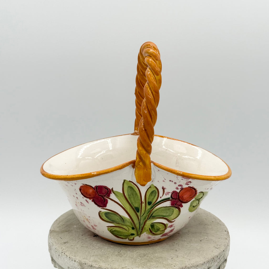 Hand-Painted Italian Majolica Small Basket with Twisted Handle
