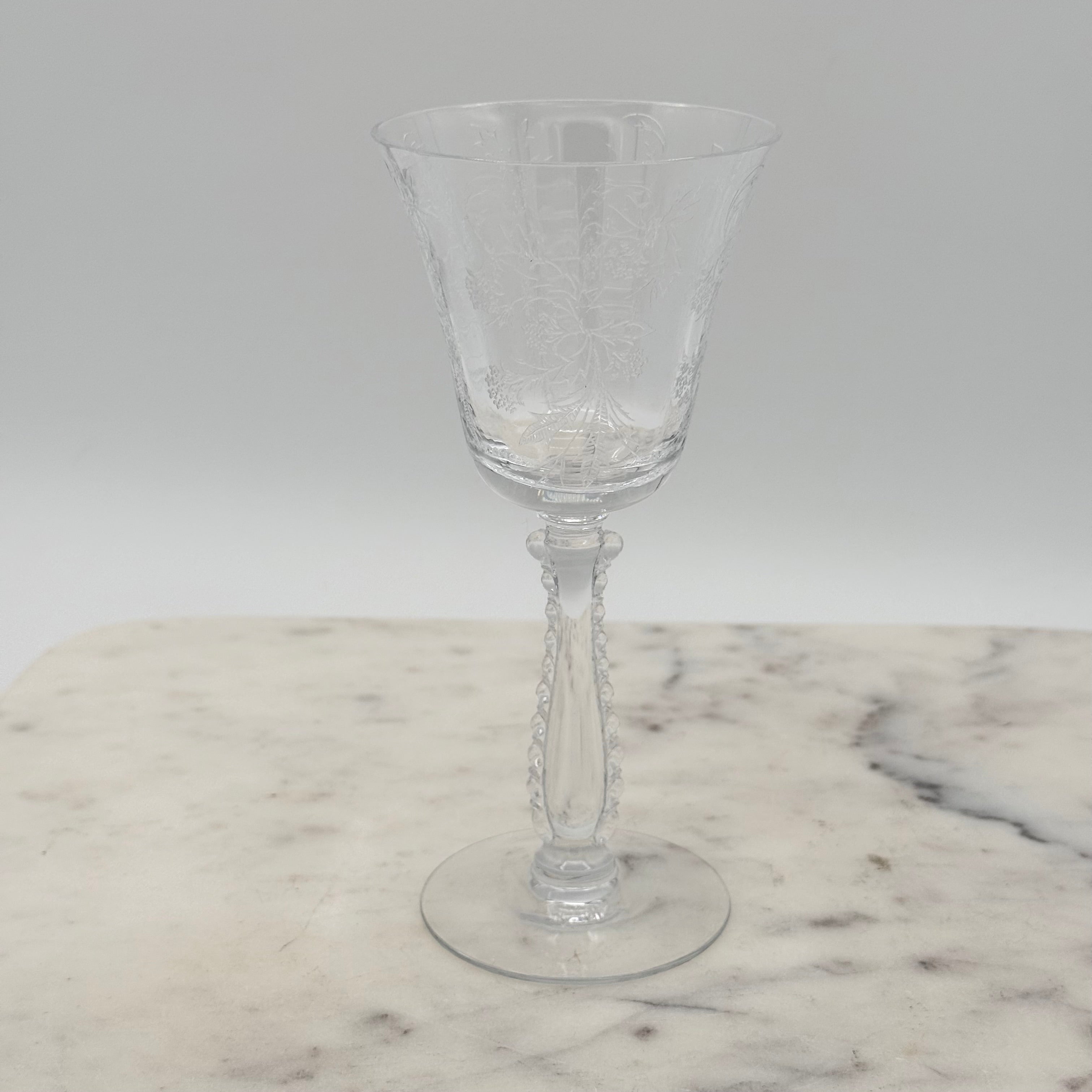 Vintage Fostoria Heather Etched Crystal Cordial Glass, 4” Stem — Mid-Century Floral Scroll Design