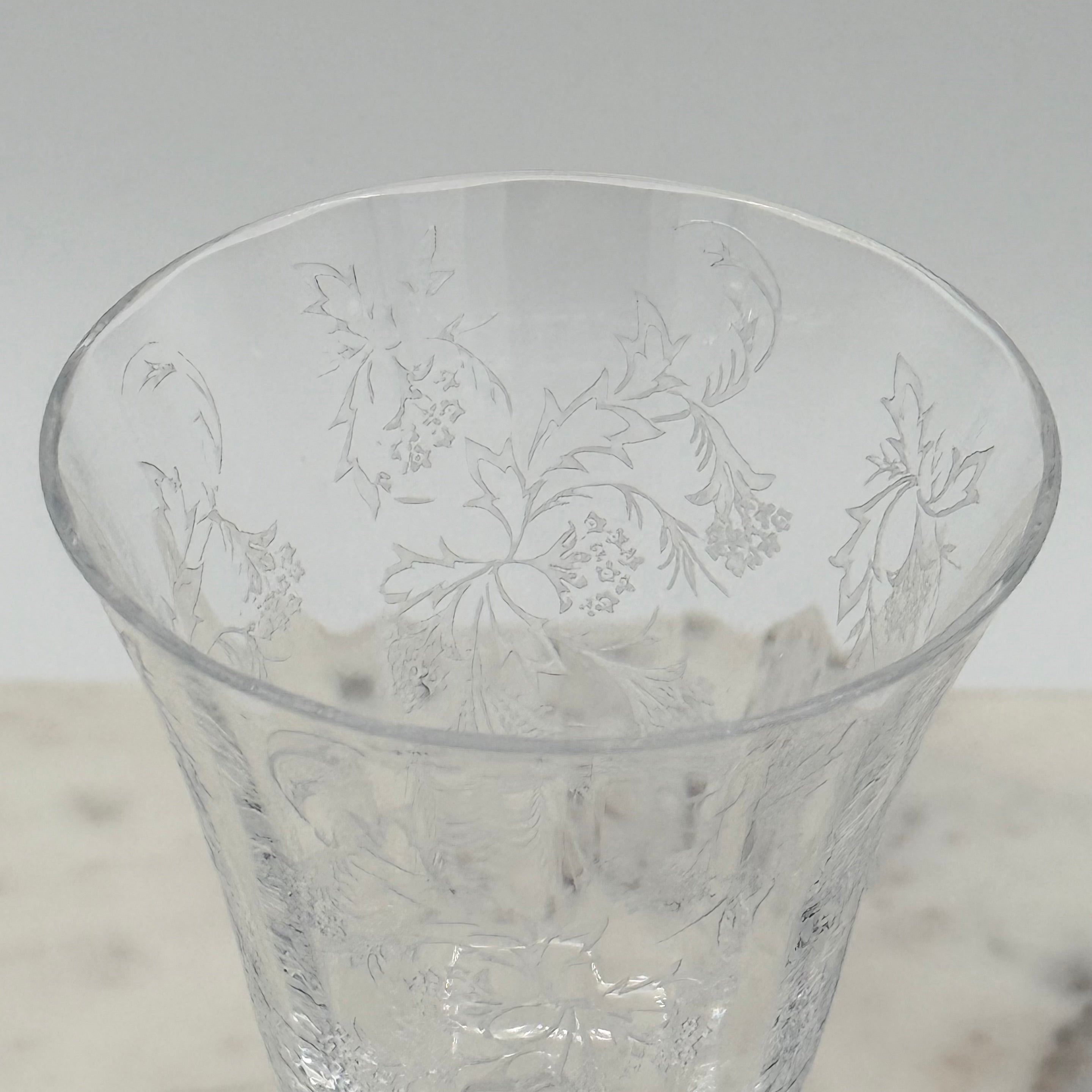 Vintage Fostoria Heather Etched Crystal Cordial Glass, 4” Stem — Mid-Century Floral Scroll Design