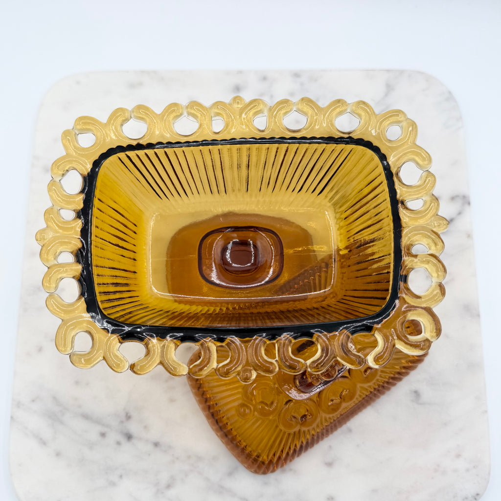 Vintage Indiana Glass Amber “Lace Edge” Lidded Pedestal Candy Dish