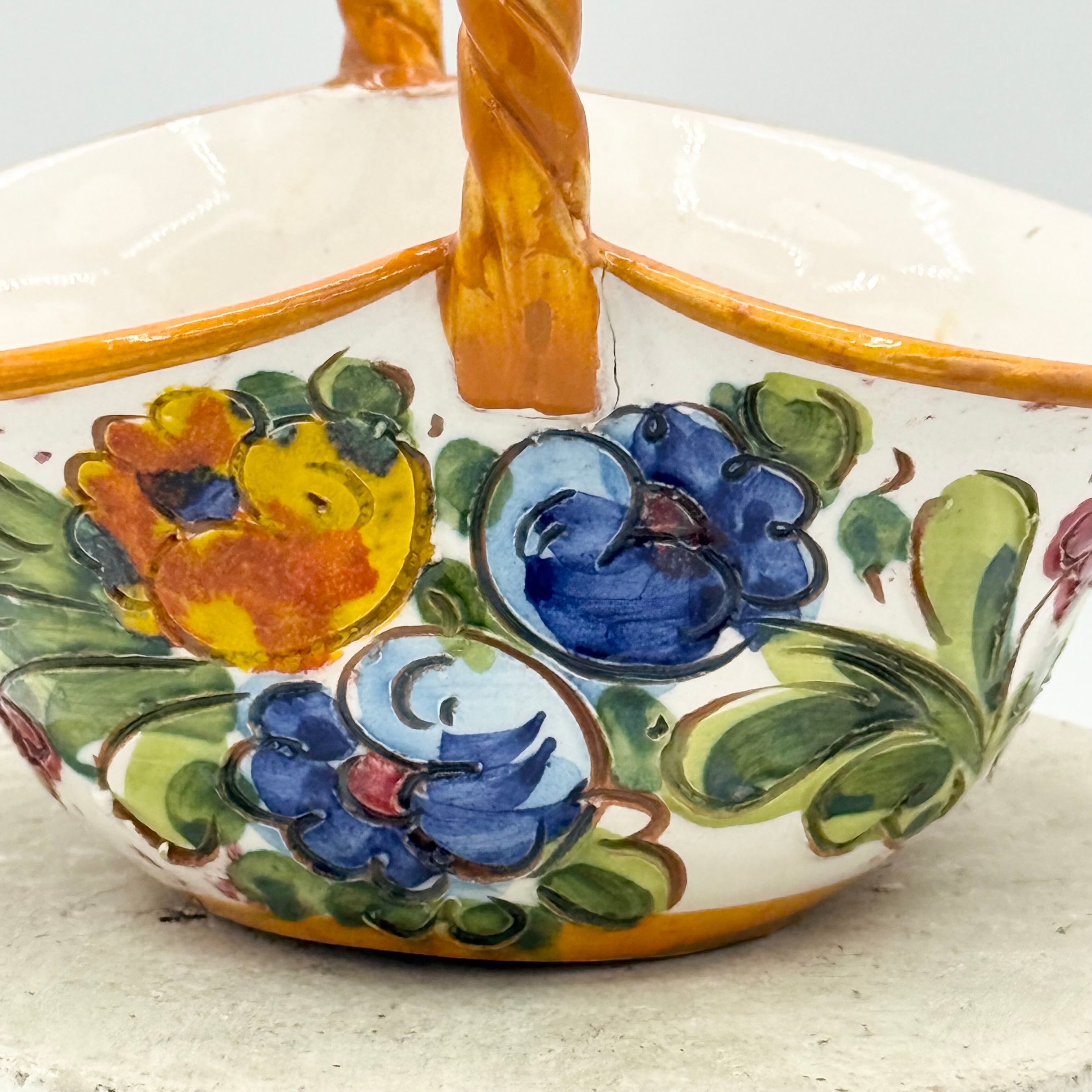 Hand-Painted Italian Majolica Small Basket with Twisted Handle