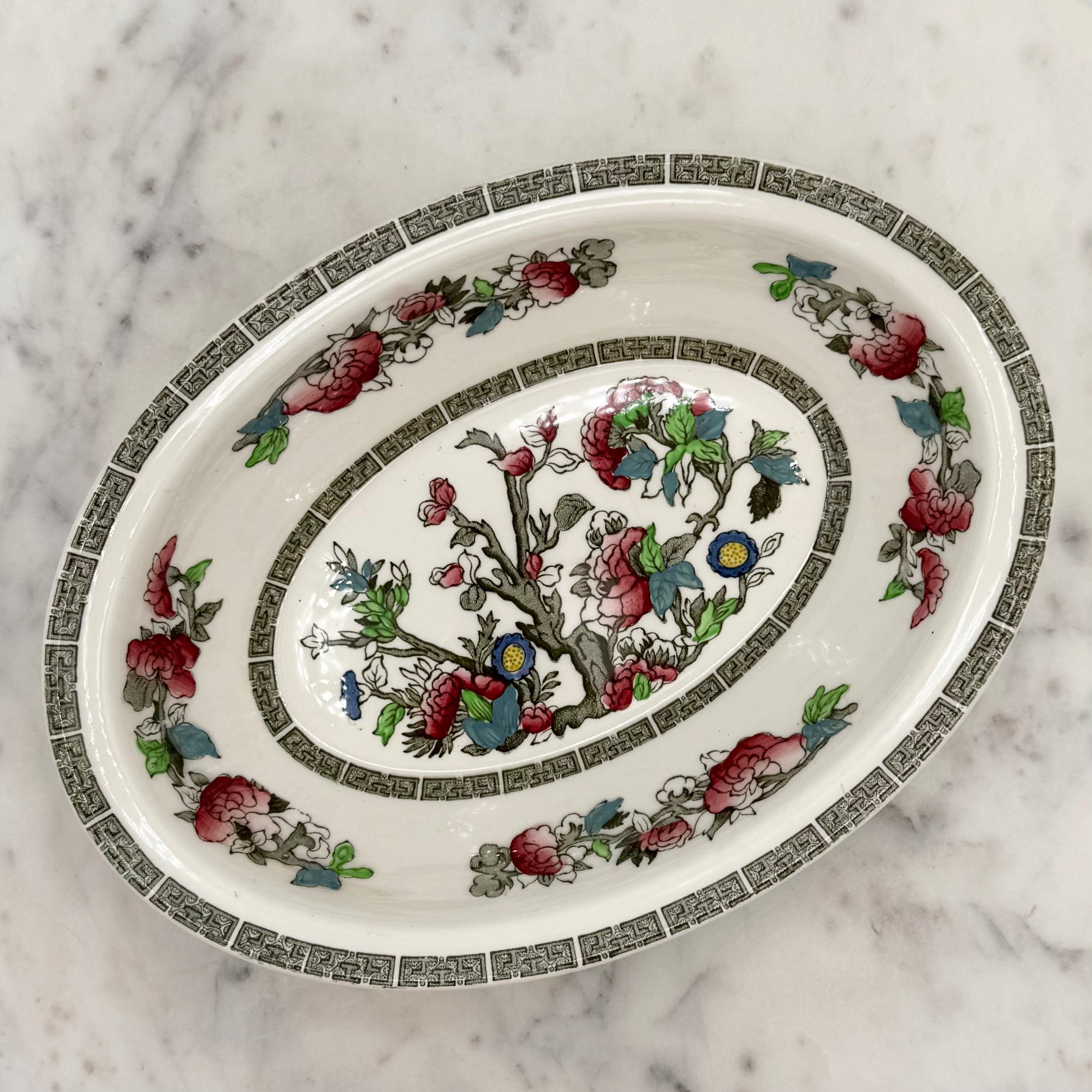 Johnson Brothers “Indian Tree” Floral Oval Serving Bowl with Greek Key Details