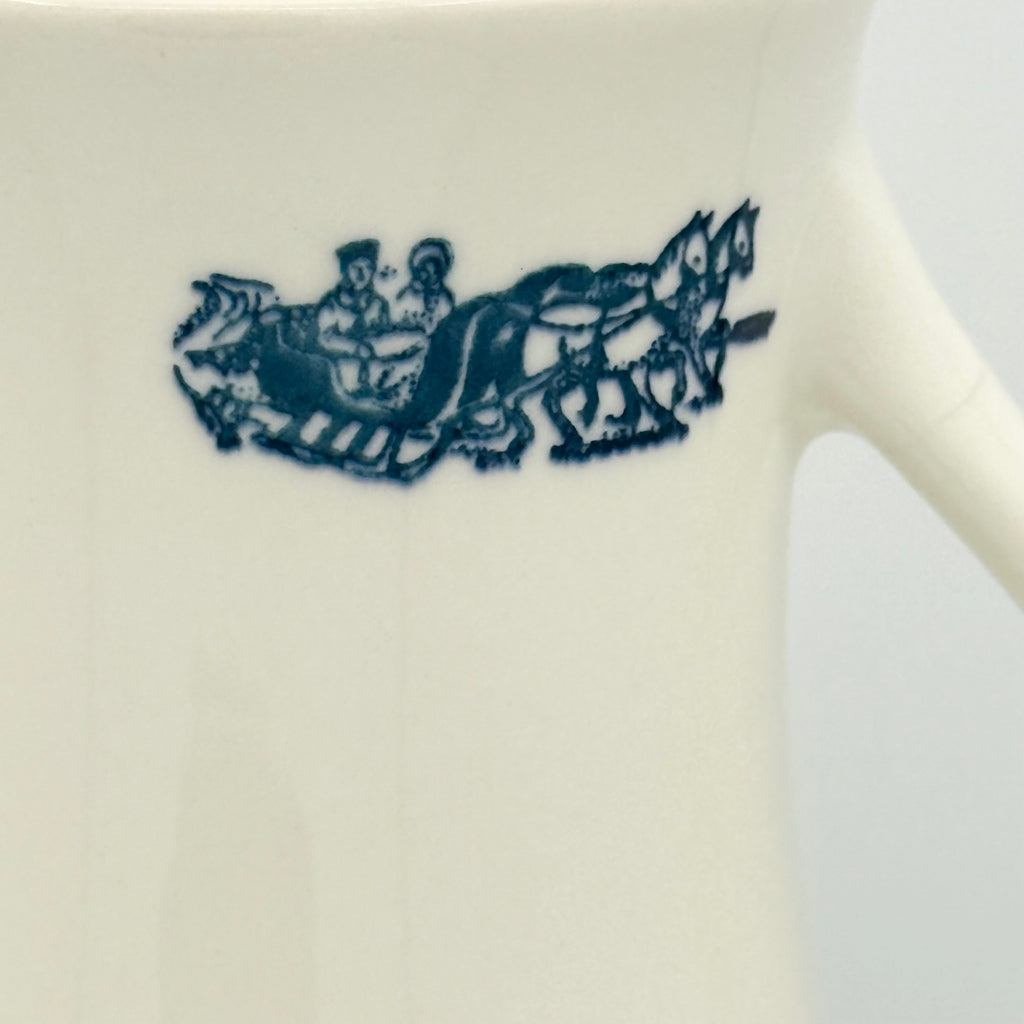Antique White and Blue Transferware Teapot with Wood Lid