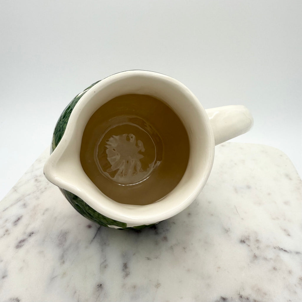 Vintage West Germany Majolica Pitcher With Embossed Flowers, Strawberries, Leaves