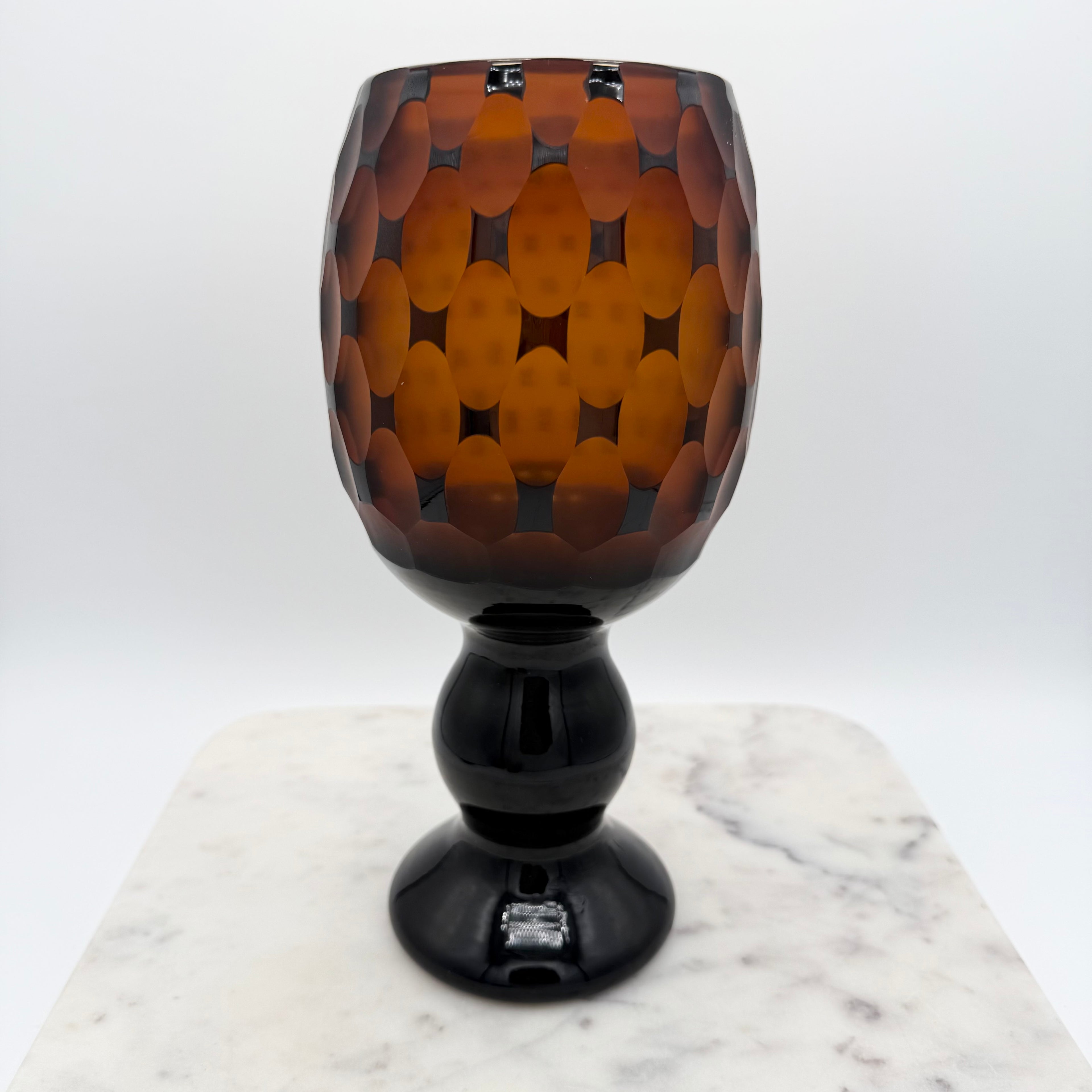 Venetian Murano Sommerso Style Vase, Black Cut To Amber Cased Glass