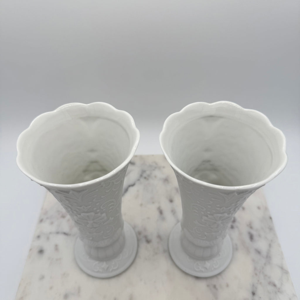 Bisque Porcelain Embossed Vases with Scalloped Edge, Set of 2