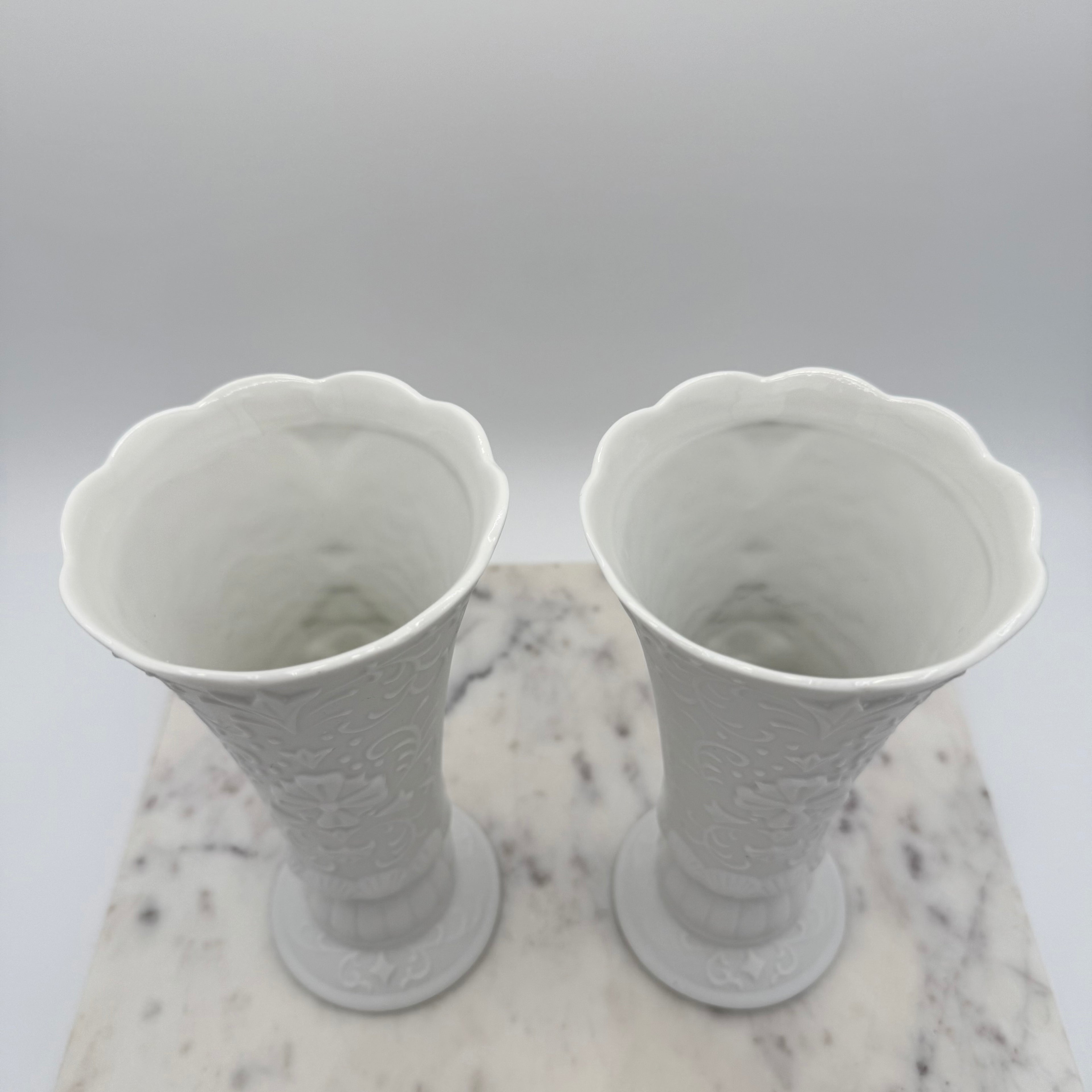 Bisque Porcelain Embossed Vases with Scalloped Edge, Set of 2