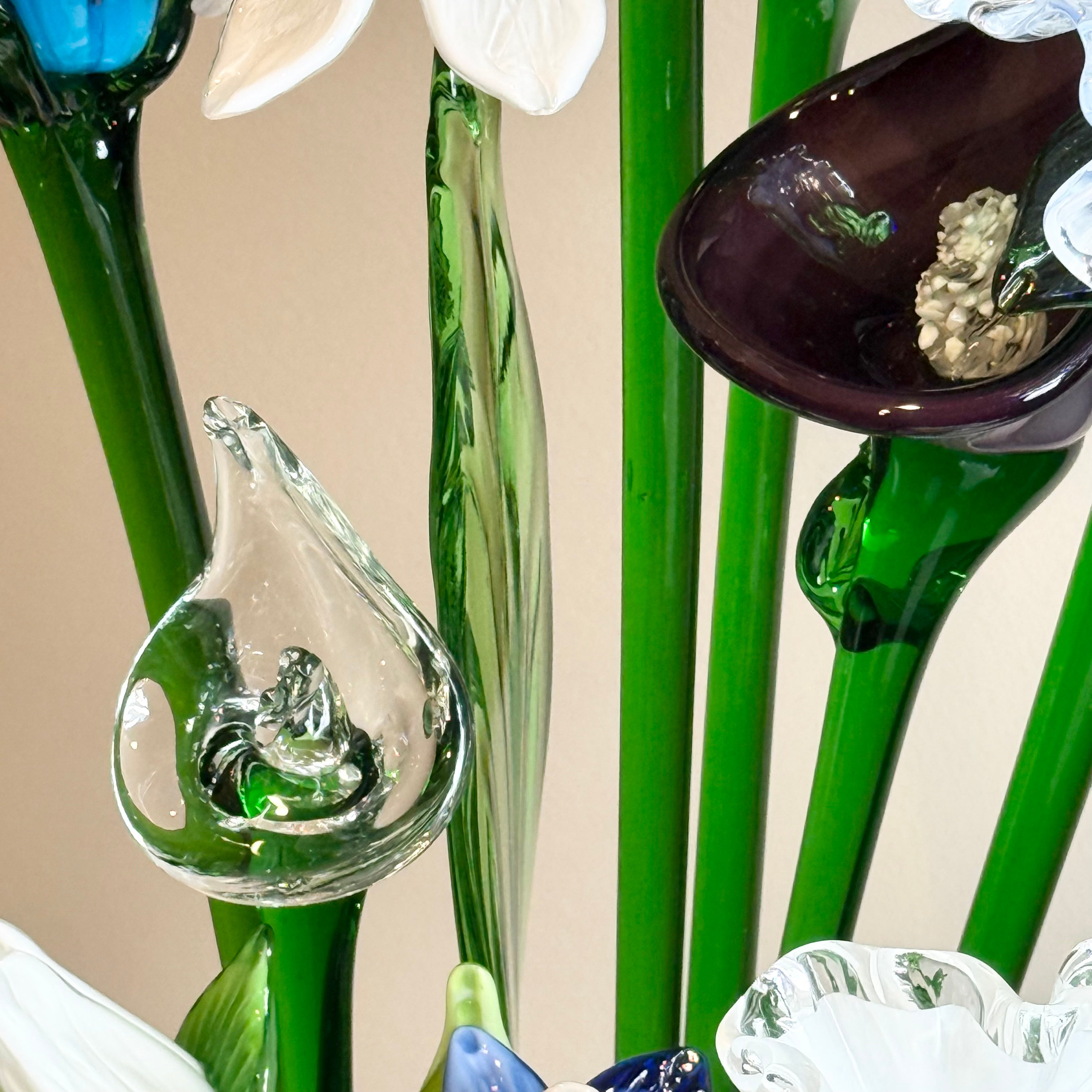 Set of 12 Hand Blown Long Stem Murano Glass Flowers, Made in Italy