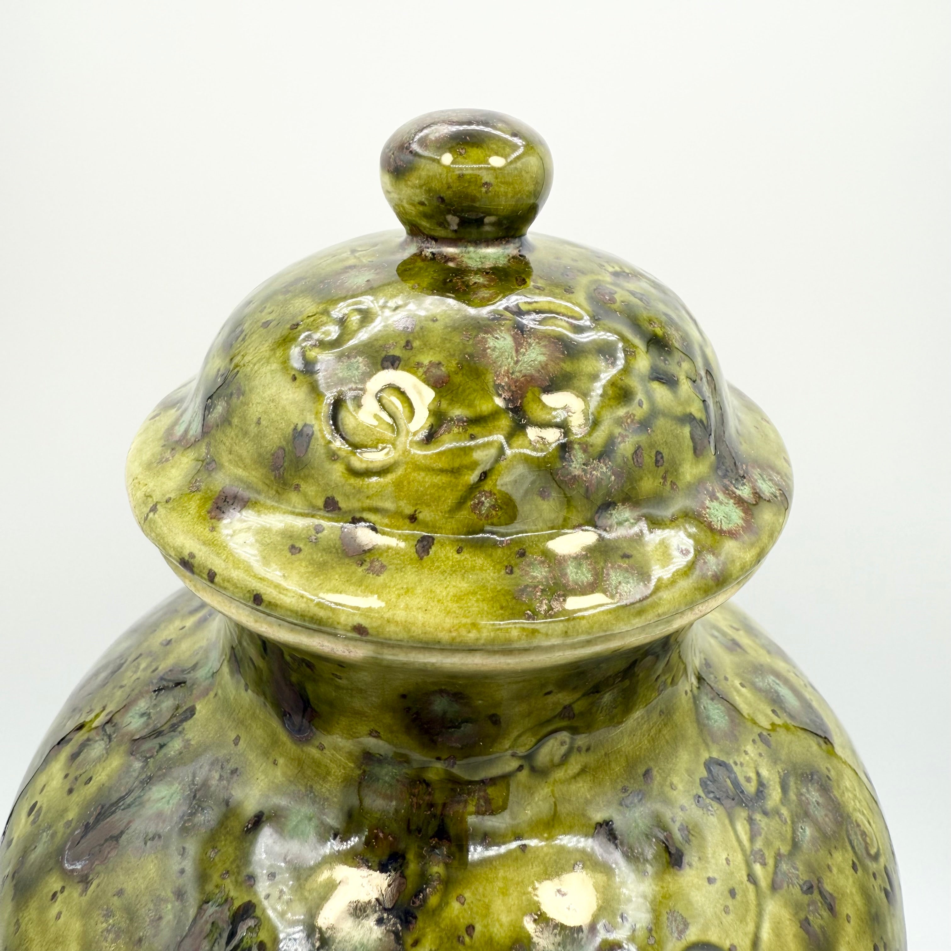 Studio Pottery Green Glazed Ceramic Ginger Jar Signed “BB” – Plum Blossom Motif