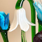 Set of 12 Hand Blown Long Stem Murano Glass Flowers, Made in Italy