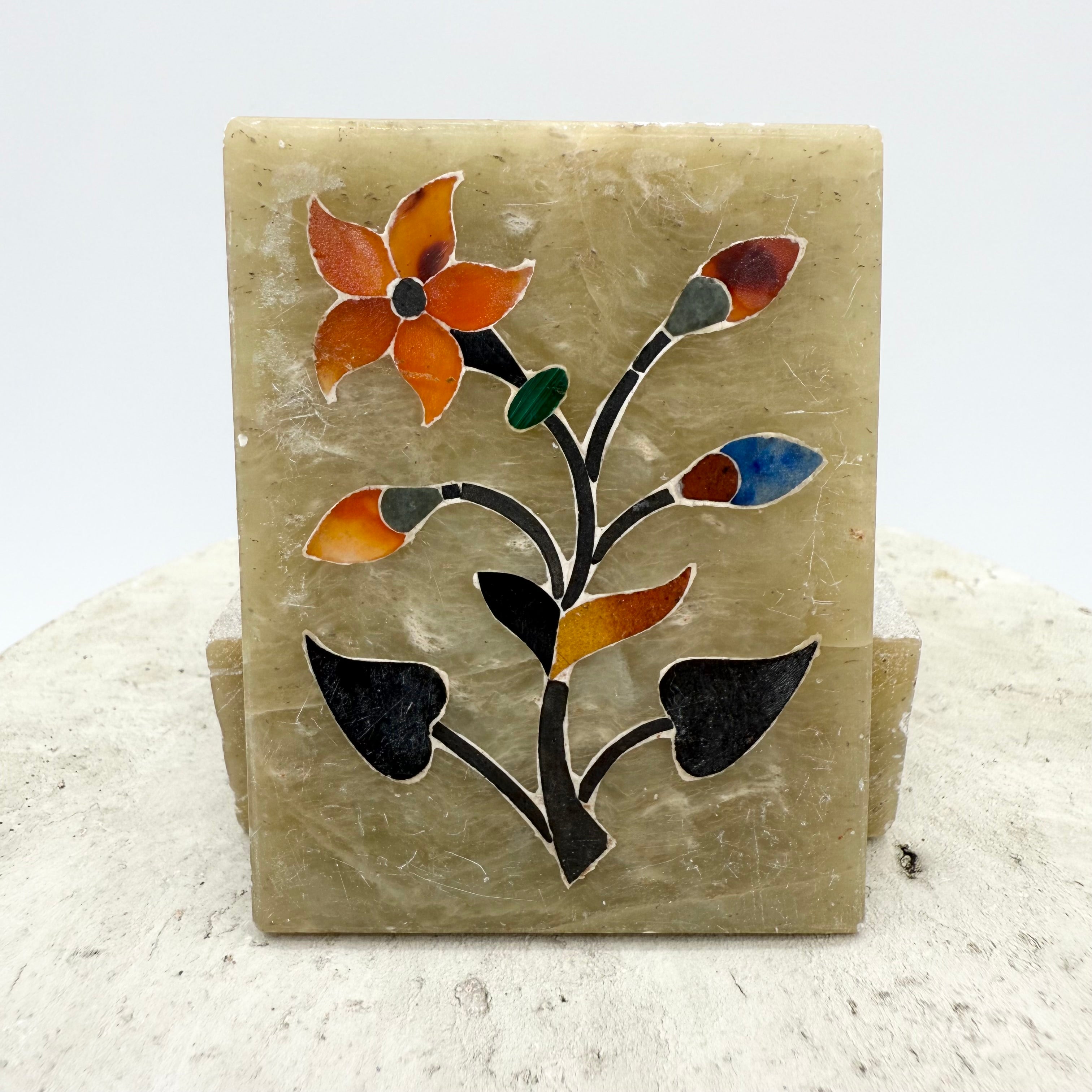 Hand Carved Soapstone Trinket Box with Floral Inlay