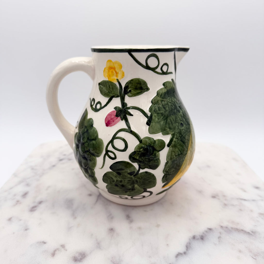 Vintage West Germany Majolica Pitcher With Embossed Flowers, Strawberries, Leaves