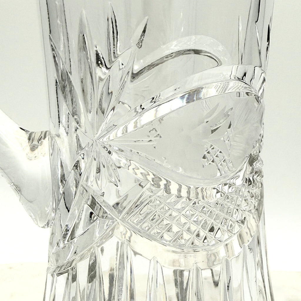 Vintage Etched Lead Cut Crystal Water Pitcher — Flower & Leaf Motif