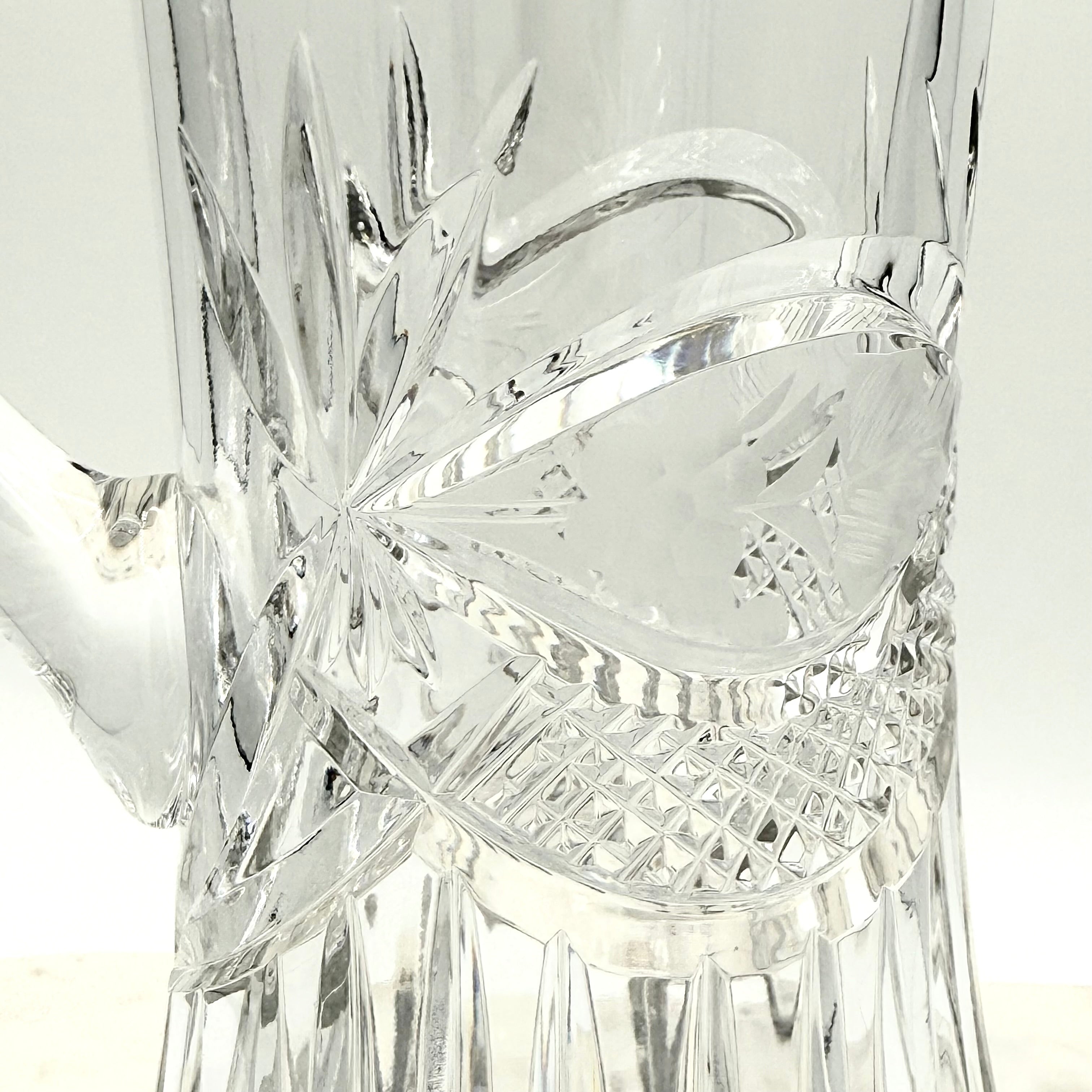 Vintage Etched Lead Cut Crystal Water Pitcher — Flower & Leaf Motif