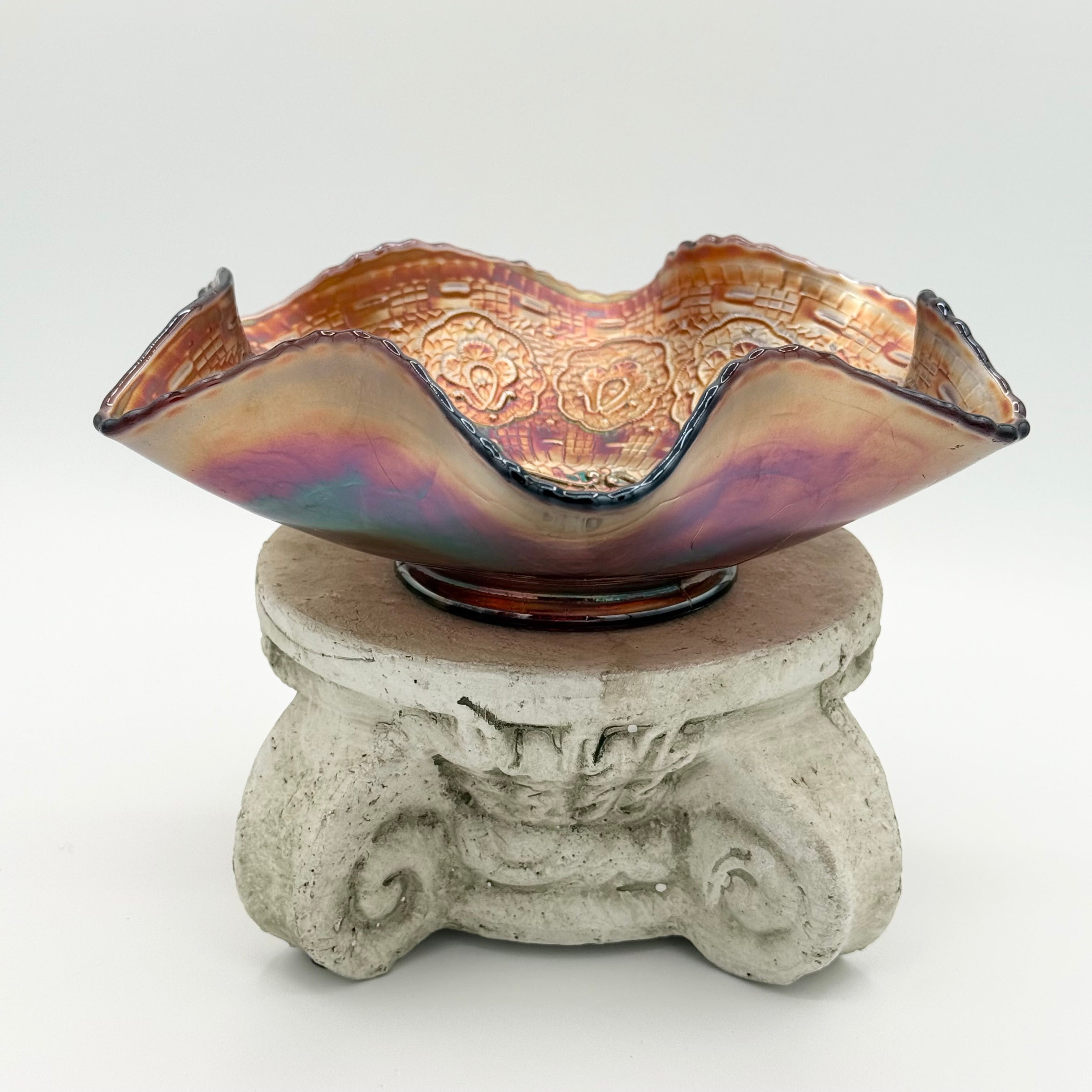 Vintage Fenton Feathered Serpent Carnival Glass Bowl — Iridescent Honeycomb & Clover Motif