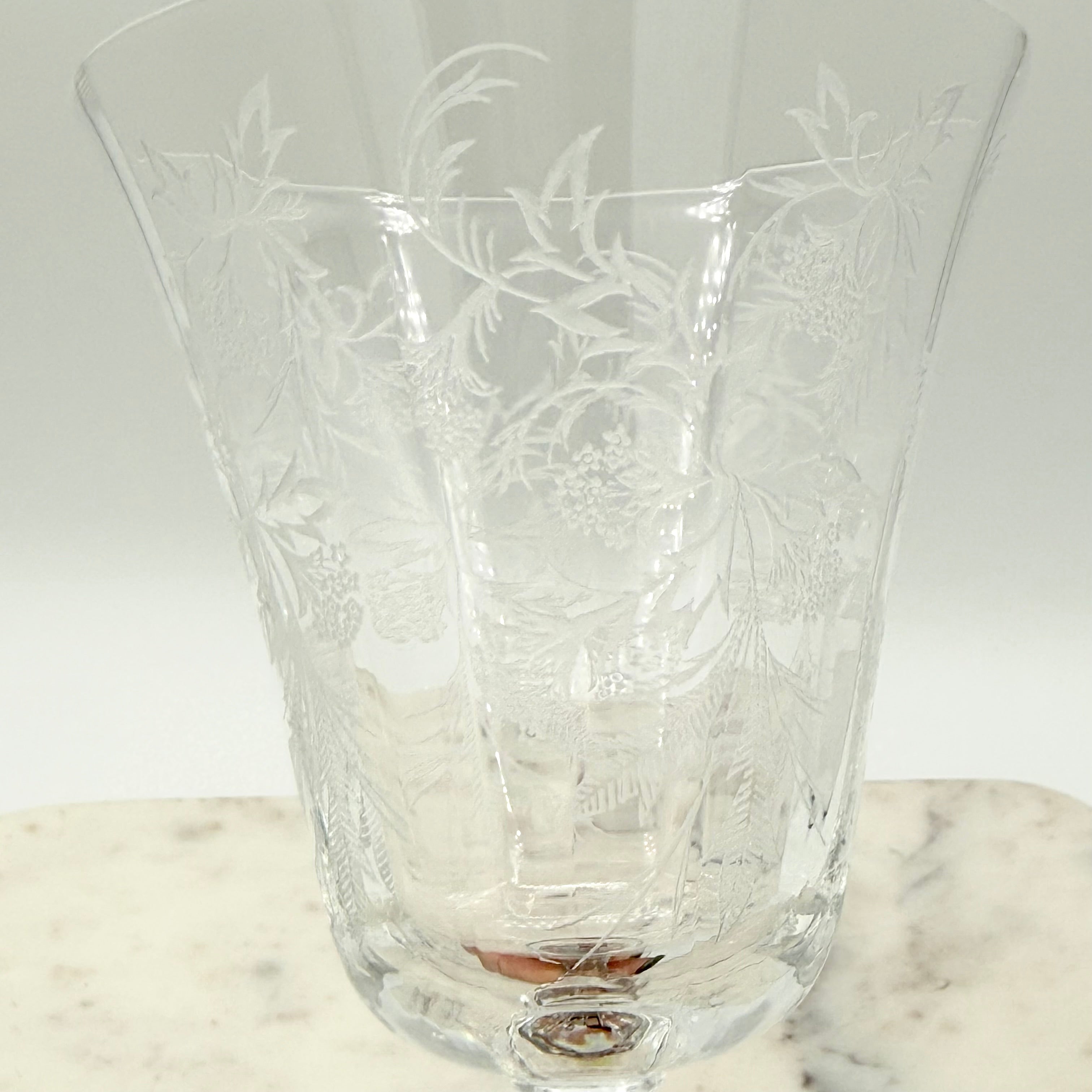 Vintage Fostoria Heather Etched Crystal Wine Glass, 6” Stem Goblet — Mid-Century Elegant Floral Scroll Design