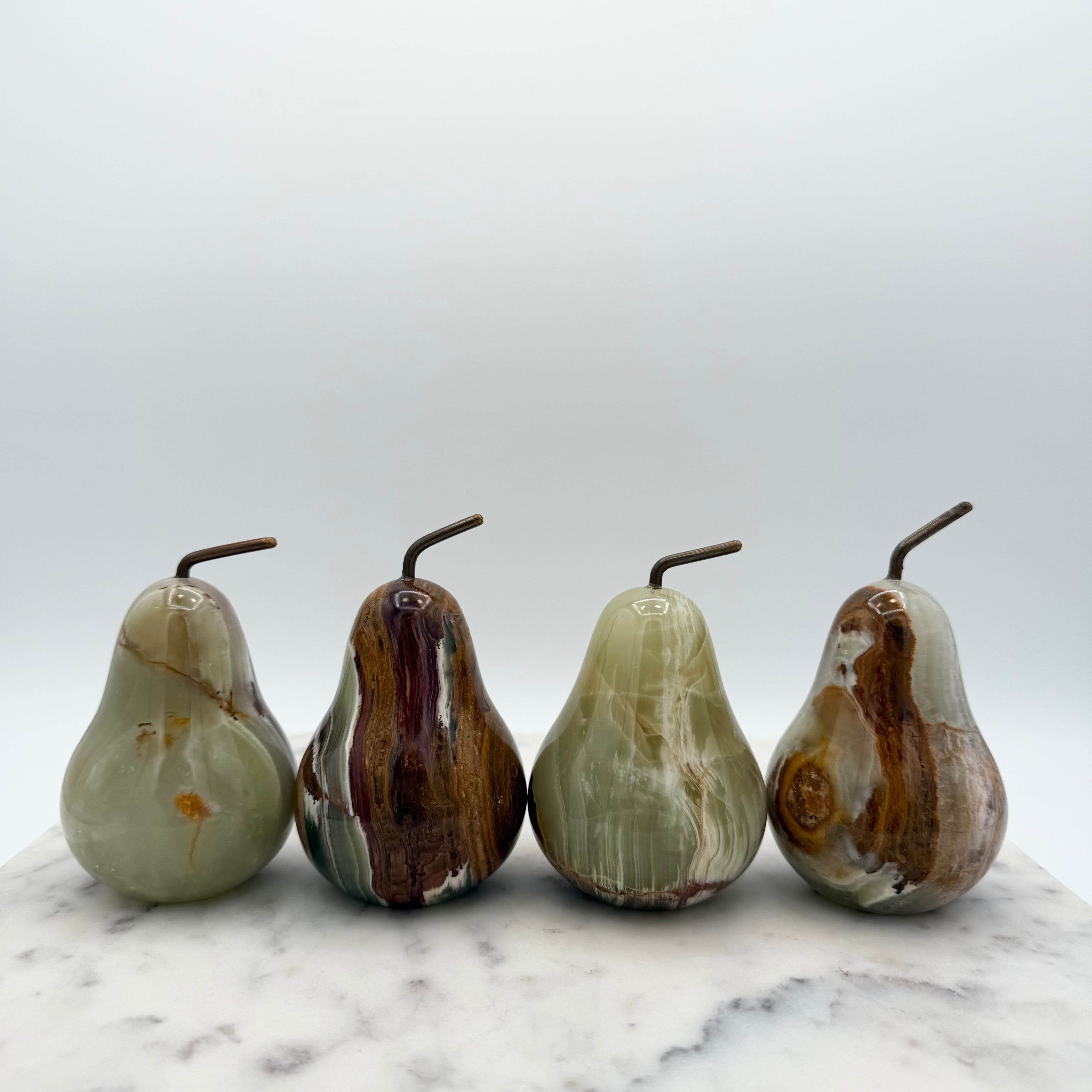 Vintage Alabaster Pears With Brass Stems, Set of Four