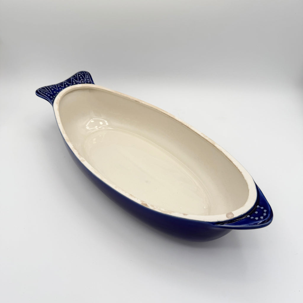 Vintage Environmental Ceramics Blue Fish Shaped Covered Baking Dish, c. 1966