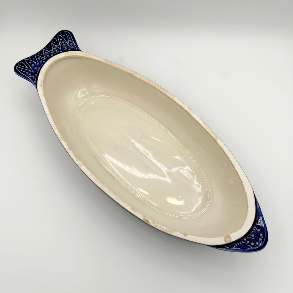 Vintage Environmental Ceramics Blue Fish Shaped Covered Baking Dish, c. 1966