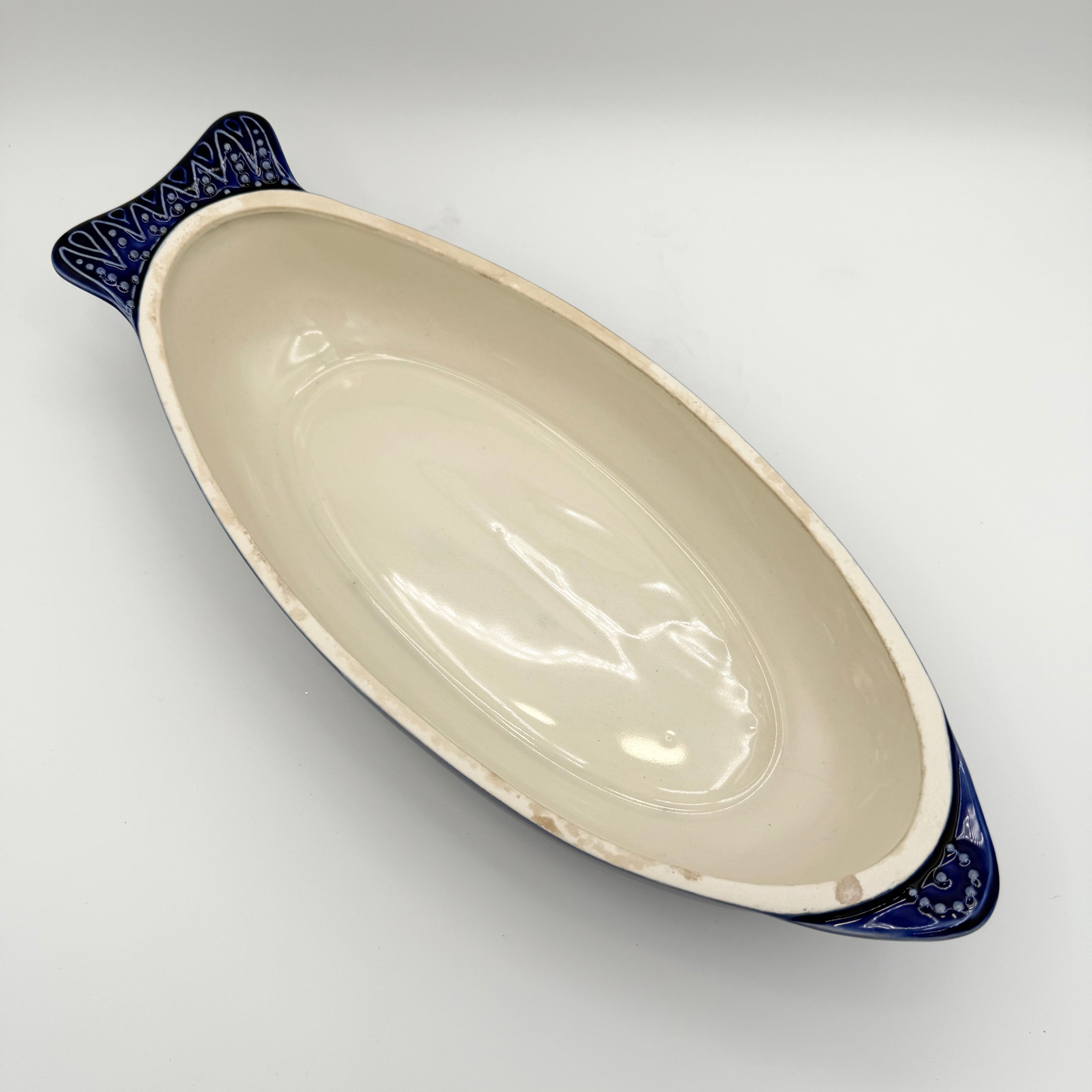 Vintage Environmental Ceramics Blue Fish Shaped Covered Baking Dish, c. 1966