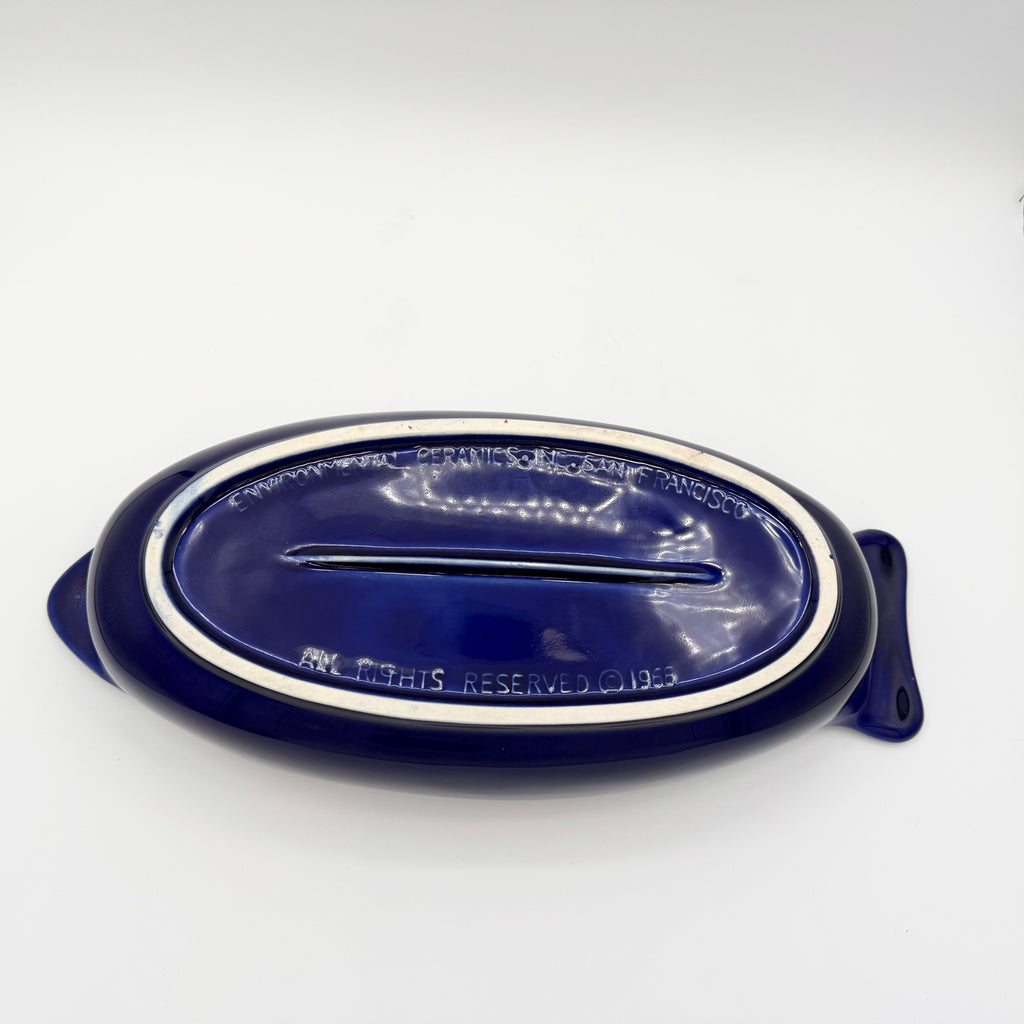 Vintage Environmental Ceramics Blue Fish Shaped Covered Baking Dish, c. 1966