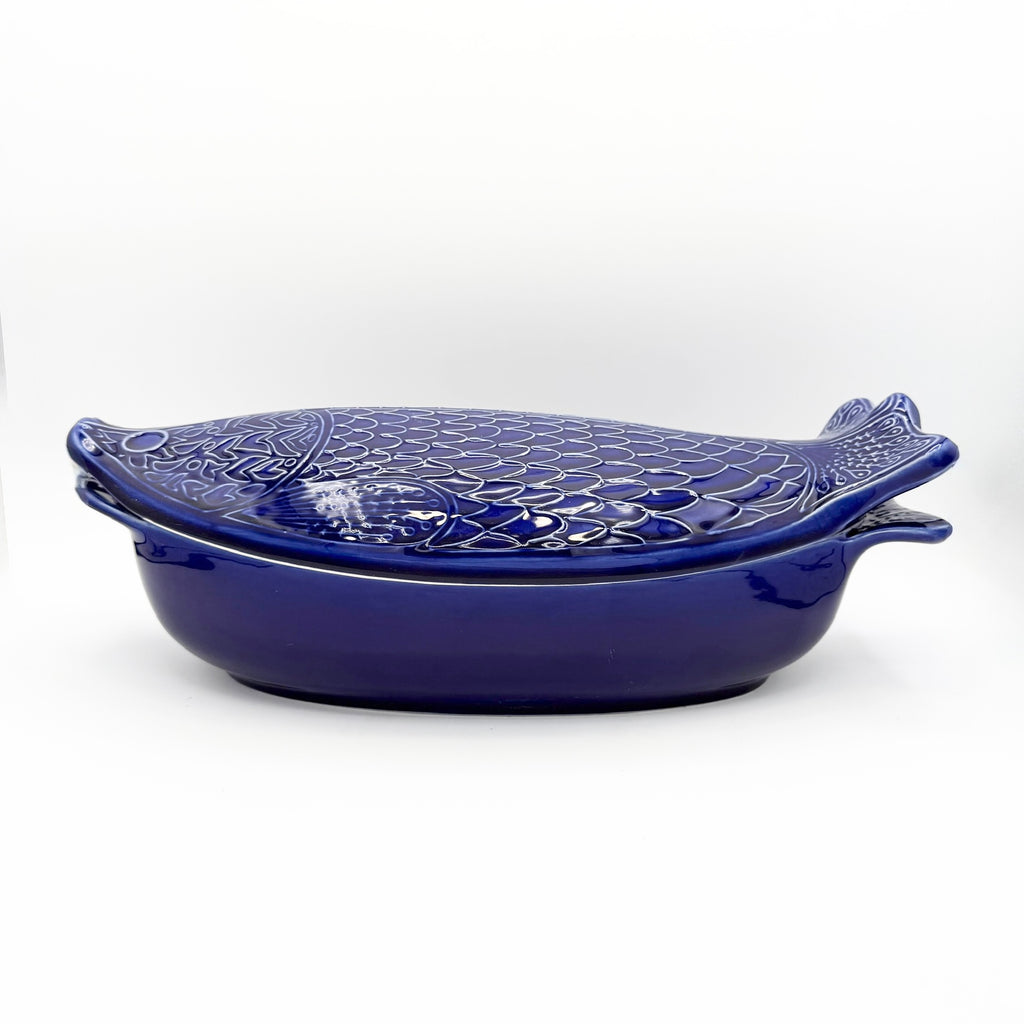 Vintage Environmental Ceramics Blue Fish Shaped Covered Baking Dish, c. 1966