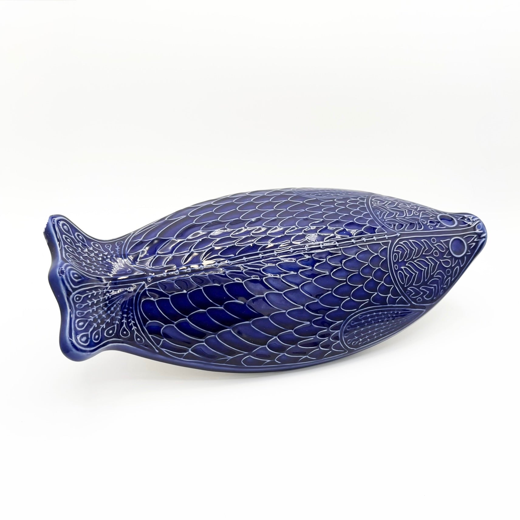 Vintage Environmental Ceramics Blue Fish Shaped Covered Baking Dish, c. 1966
