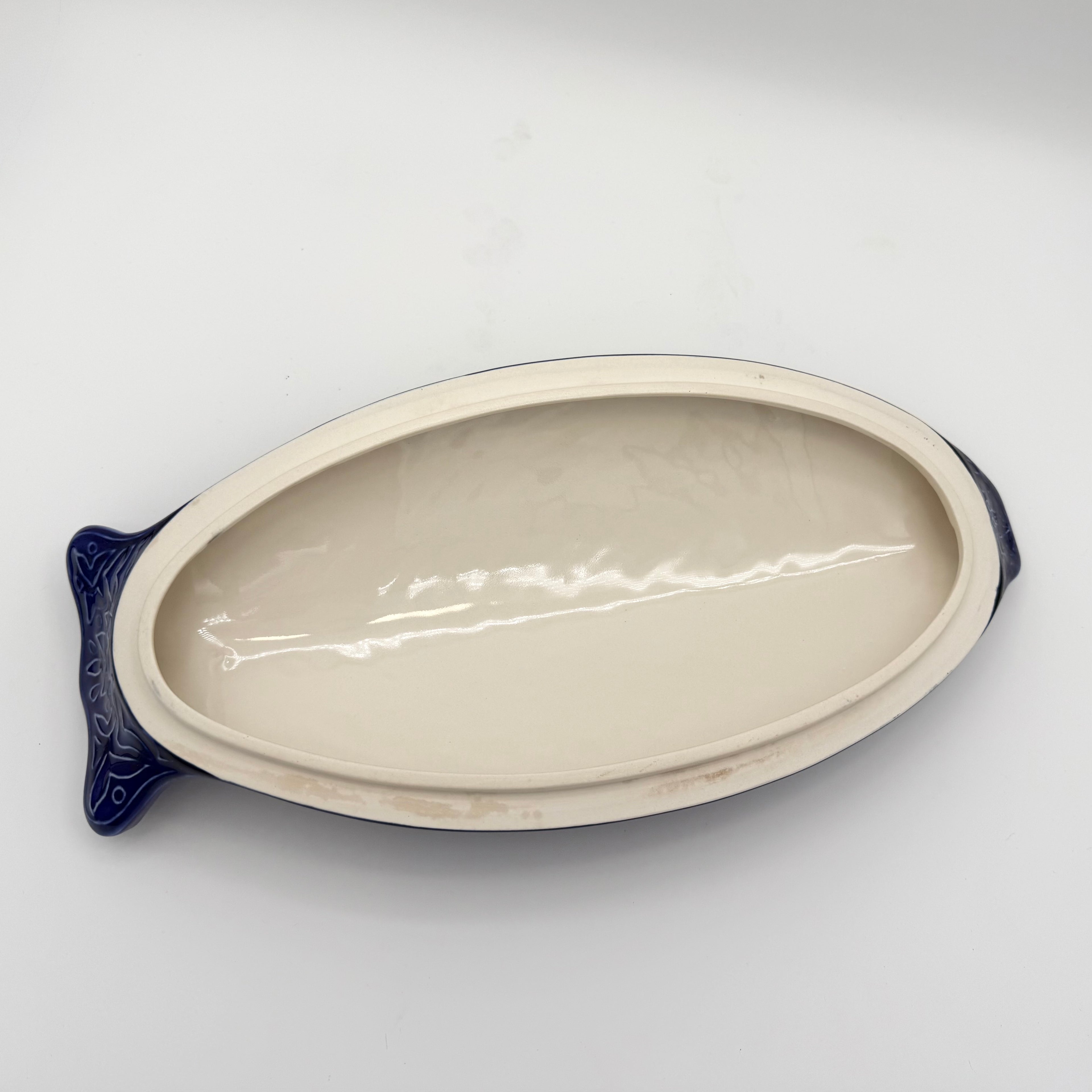 Vintage Environmental Ceramics Blue Fish Shaped Covered Baking Dish, c. 1966