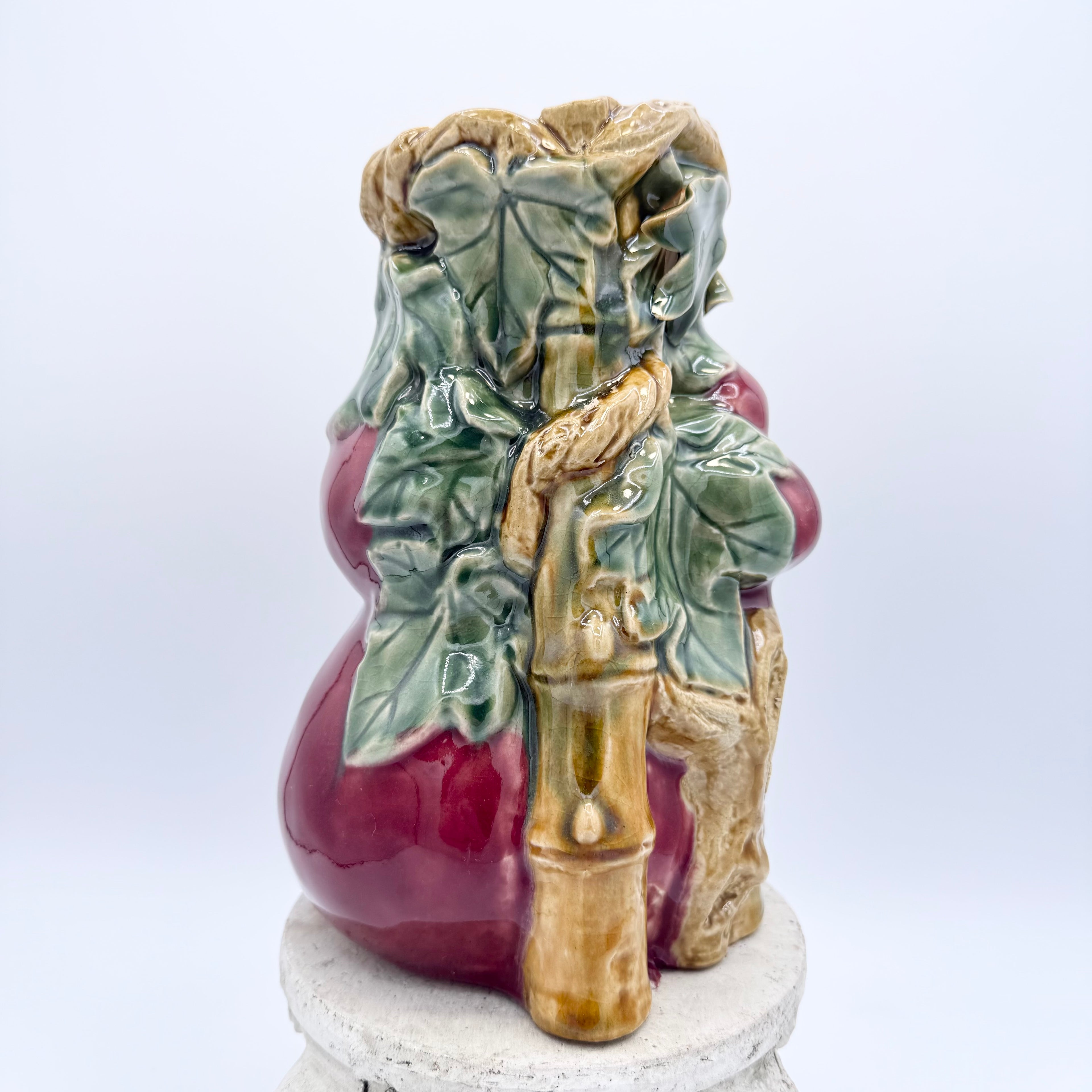 Majolica Art Pottery Fruit Plum Leaves Bamboo Ceramic Vase