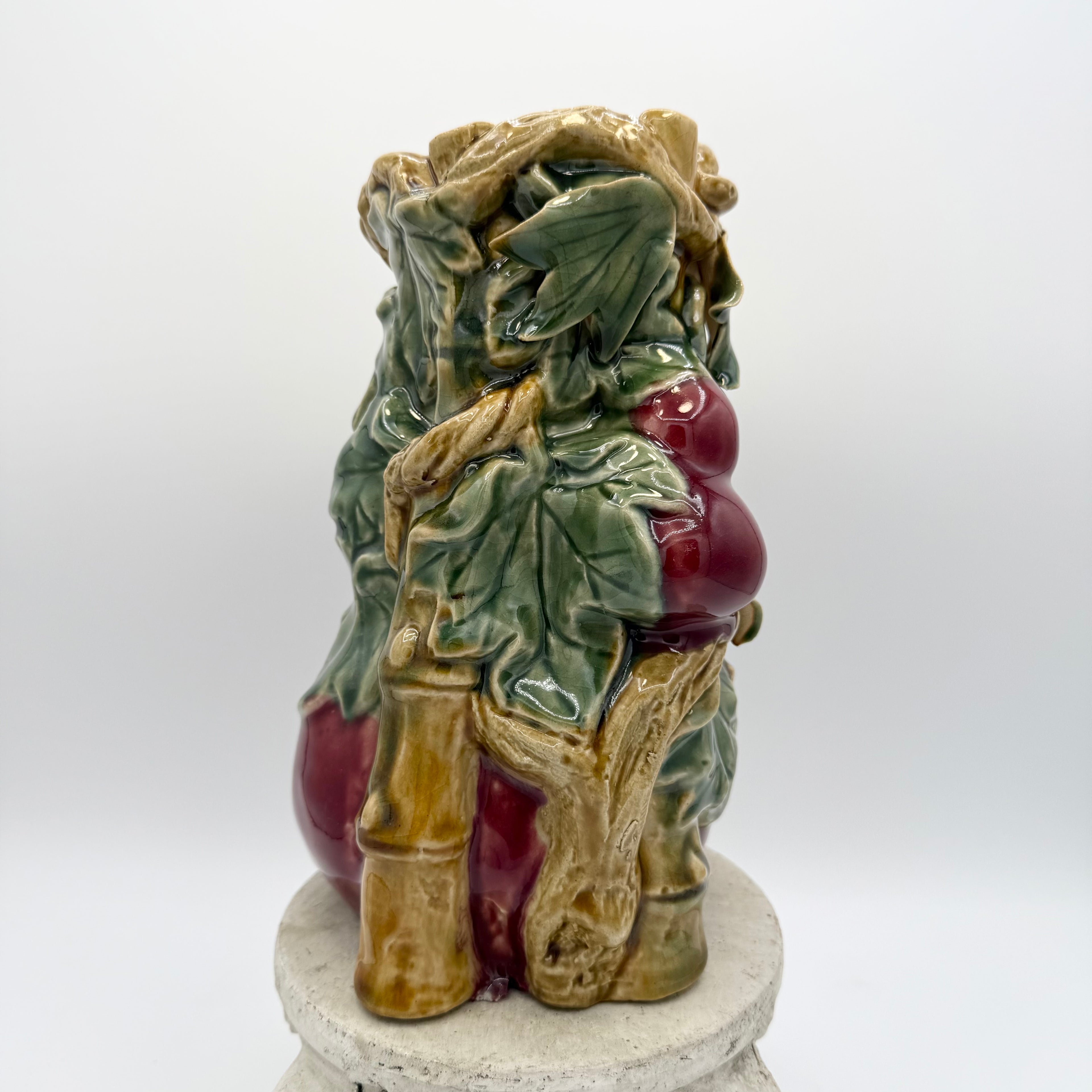 Majolica Art Pottery Fruit Plum Leaves Bamboo Ceramic Vase