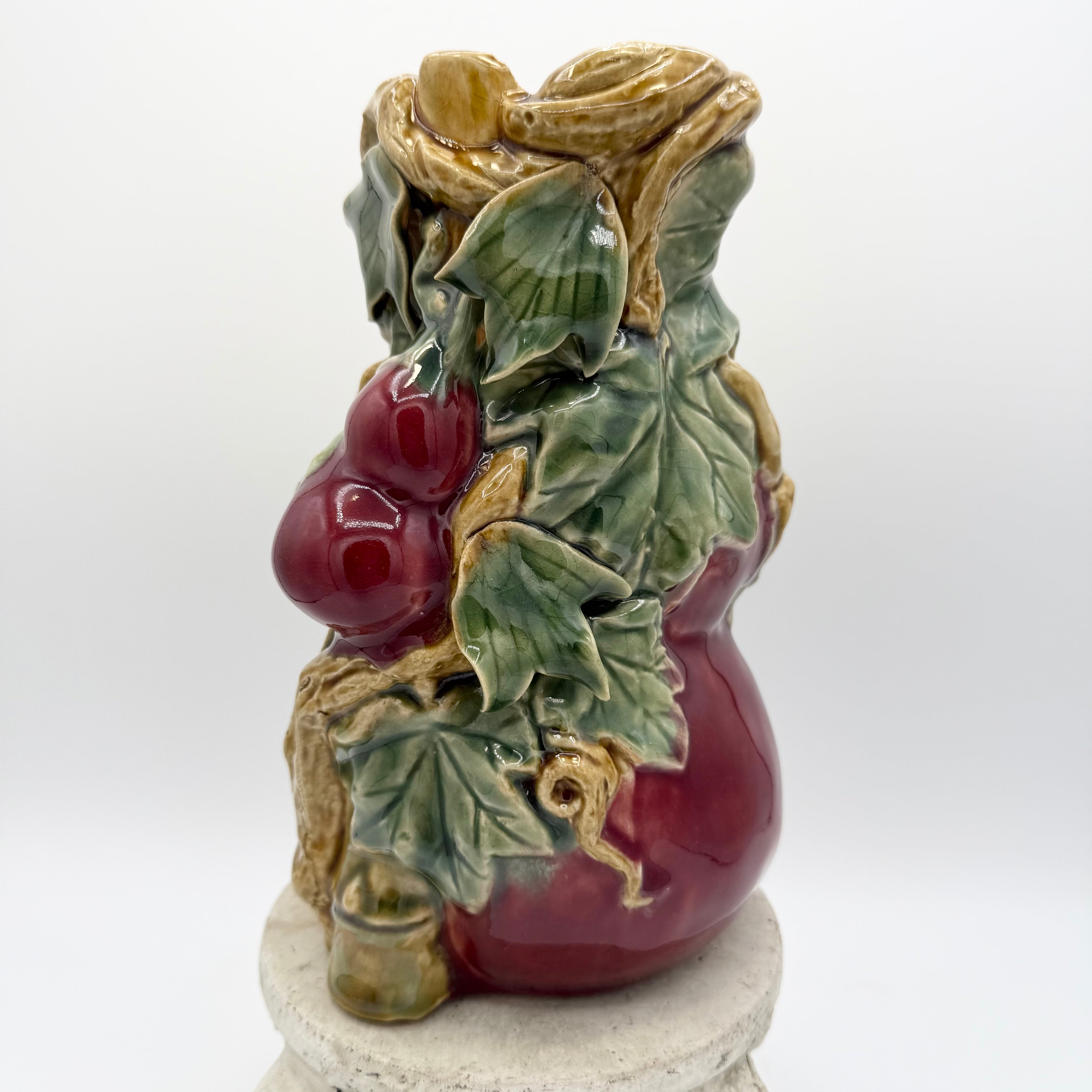Majolica Art Pottery Fruit Plum Leaves Bamboo Ceramic Vase