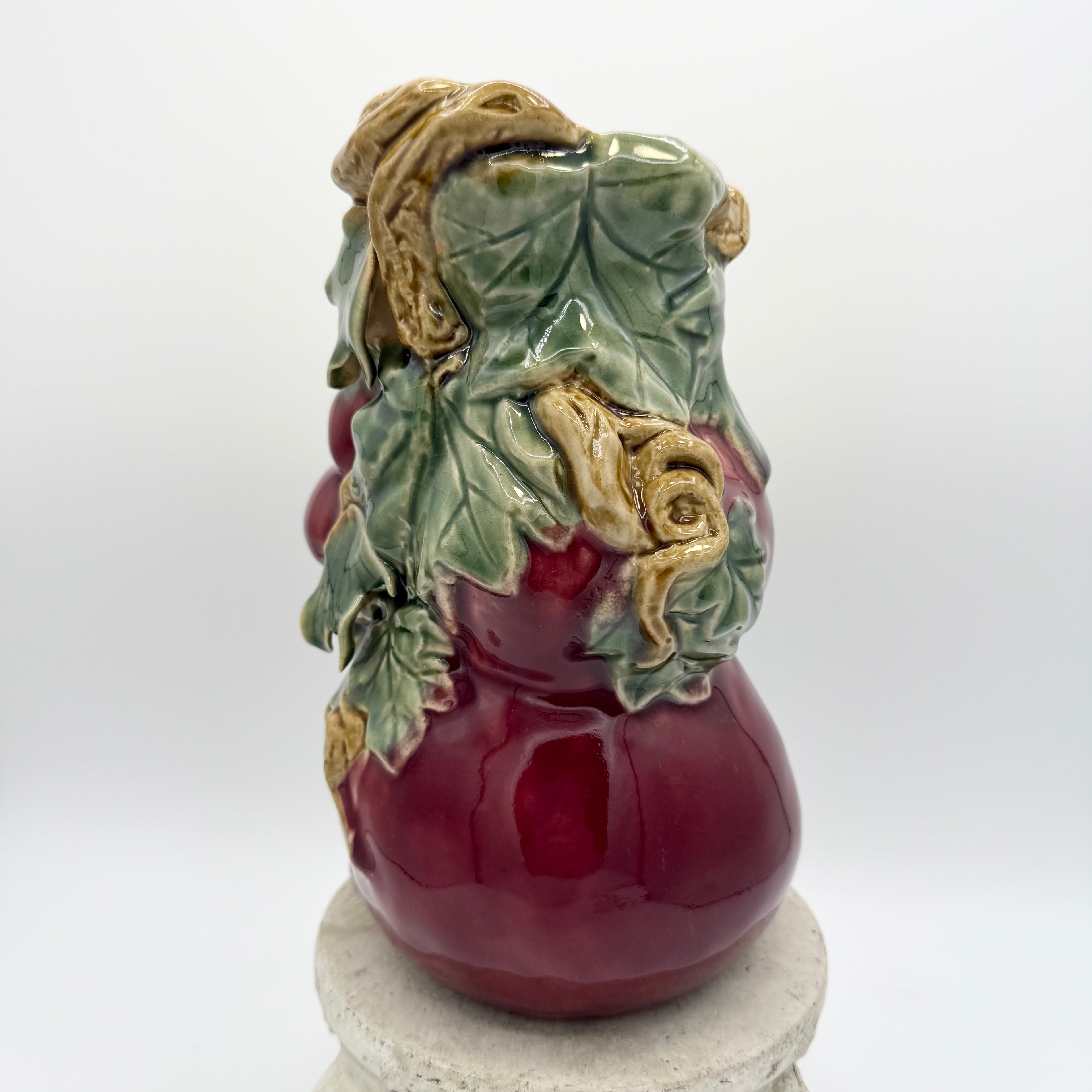 Majolica Art Pottery Fruit Plum Leaves Bamboo Ceramic Vase