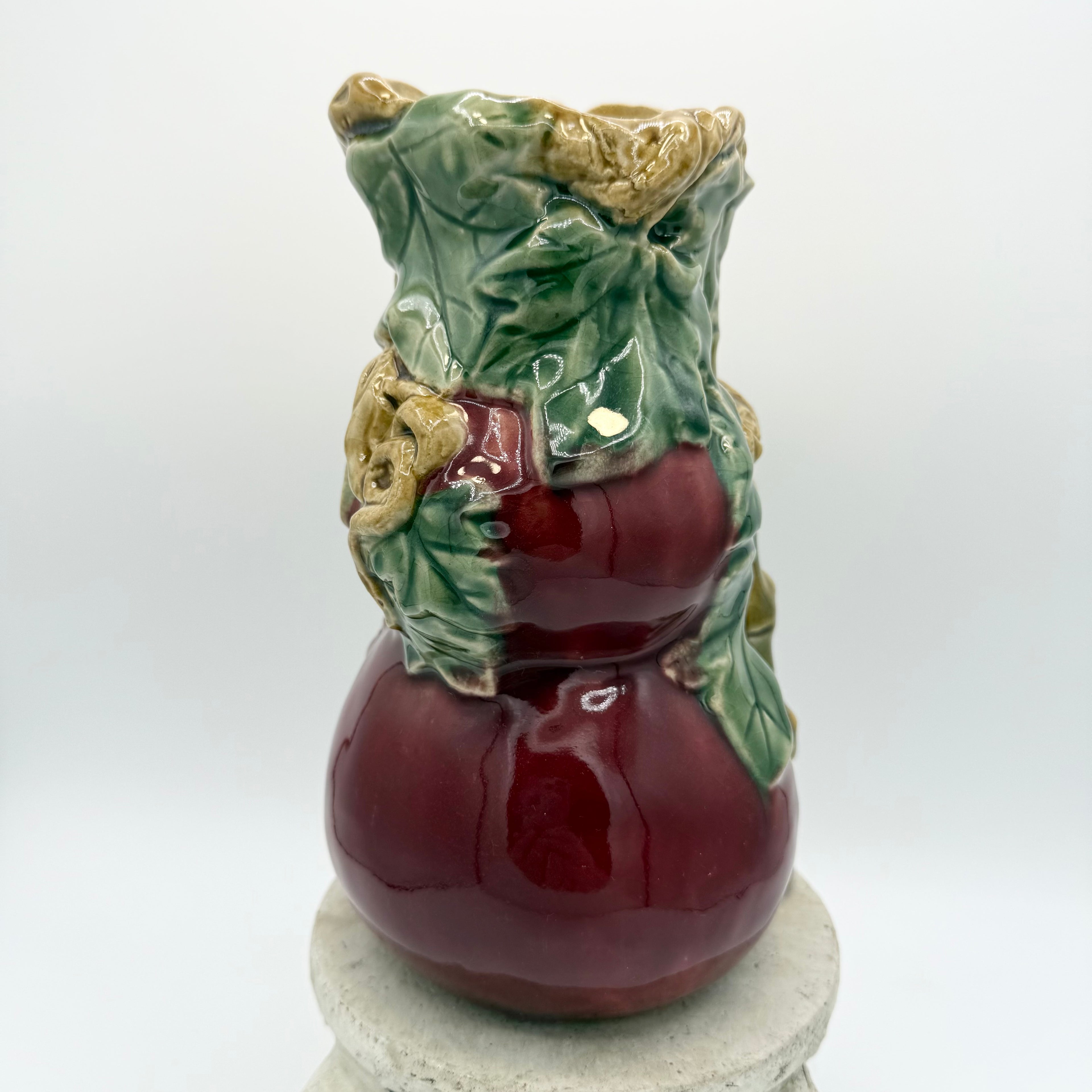 Majolica Art Pottery Fruit Plum Leaves Bamboo Ceramic Vase