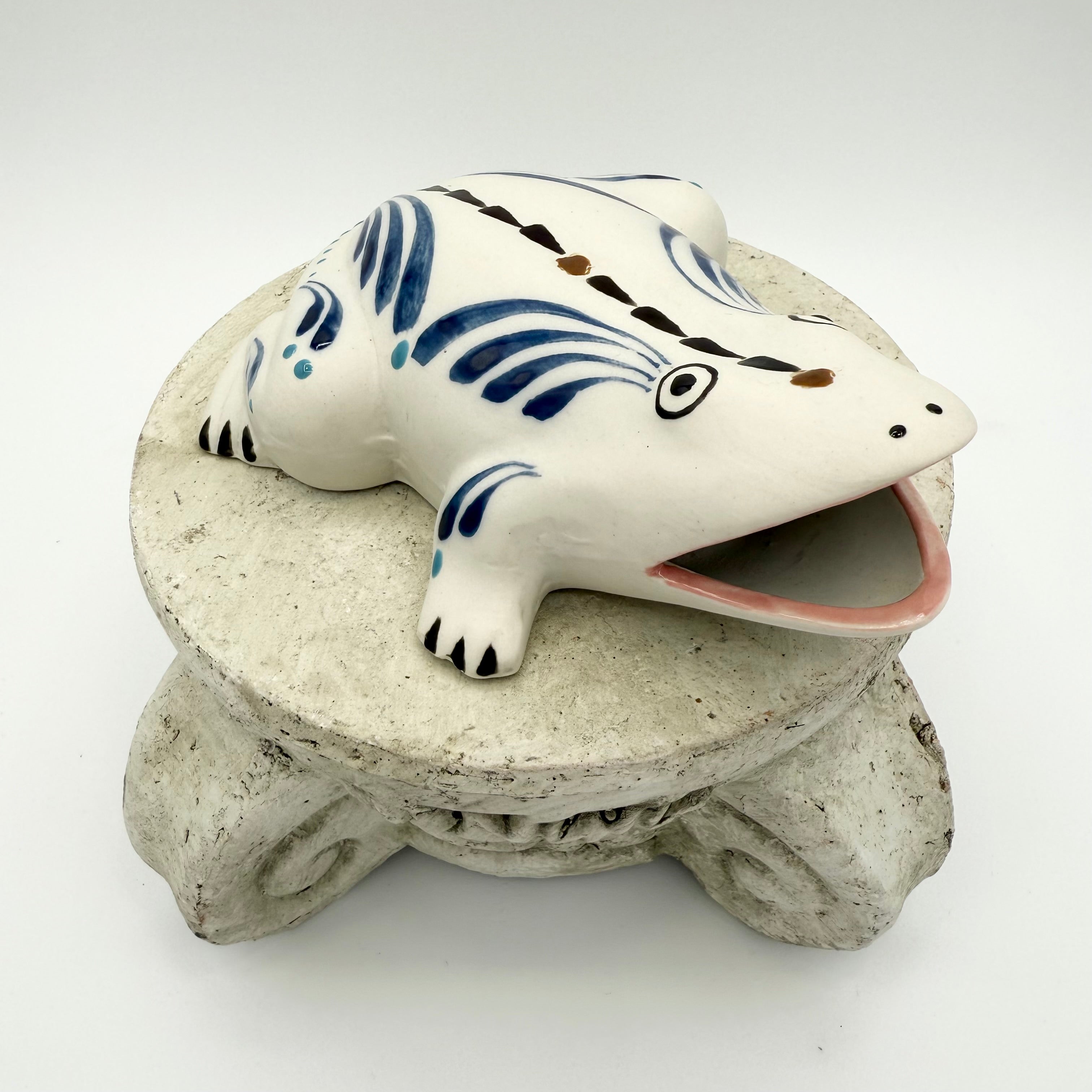 Vintage Mexican hand painted ceramic frog wall pocket vase in blue and black. Playful wall decor collectible.