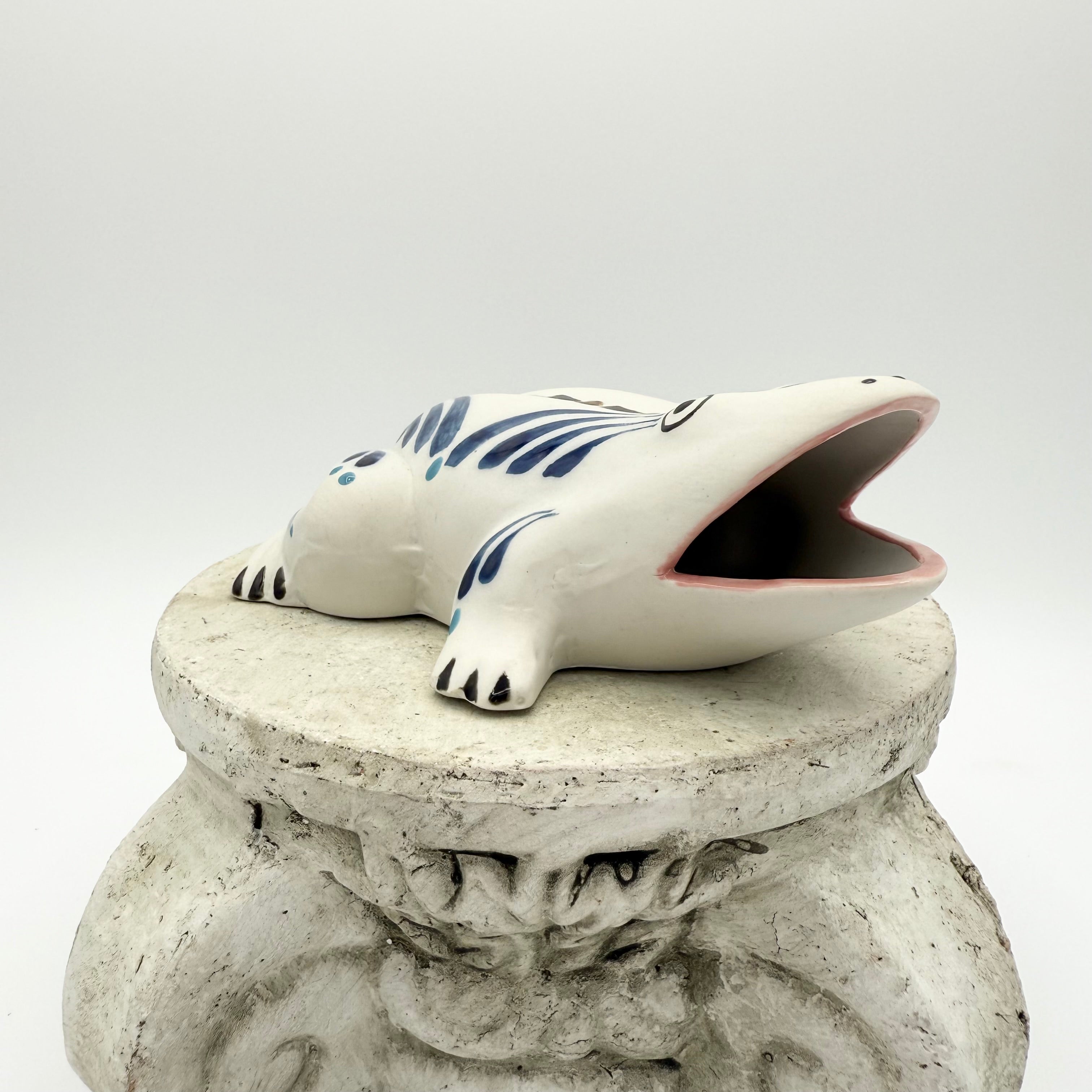 Vintage Mexican hand painted ceramic frog wall pocket vase in blue and black. Playful wall decor collectible.