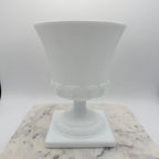 Vintage white milk glass urn with Greek key and leaf motif. Elegant pedestal vase collectible in excellent condition.