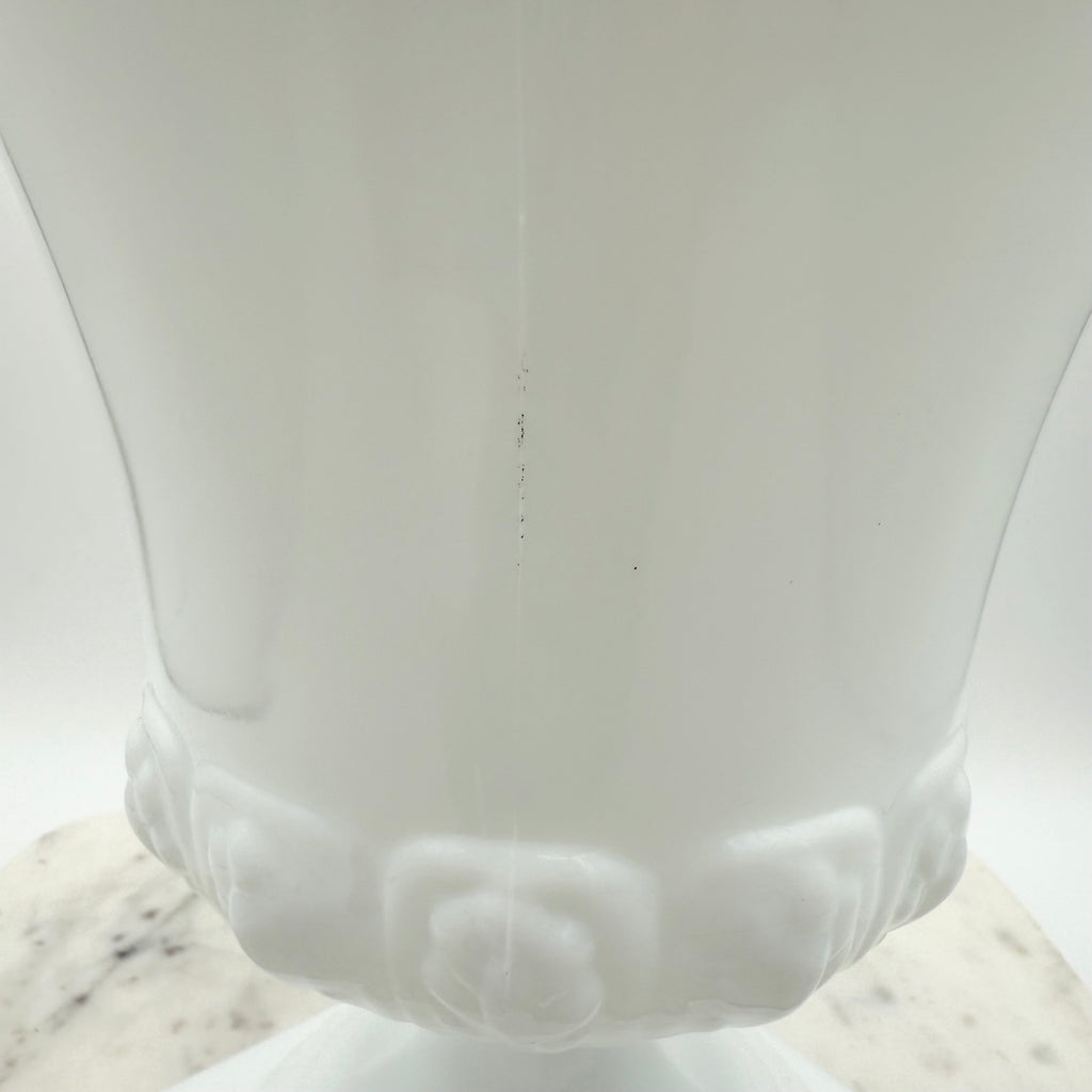 Vintage white milk glass urn with Greek key and leaf motif. Elegant pedestal vase collectible in excellent condition.