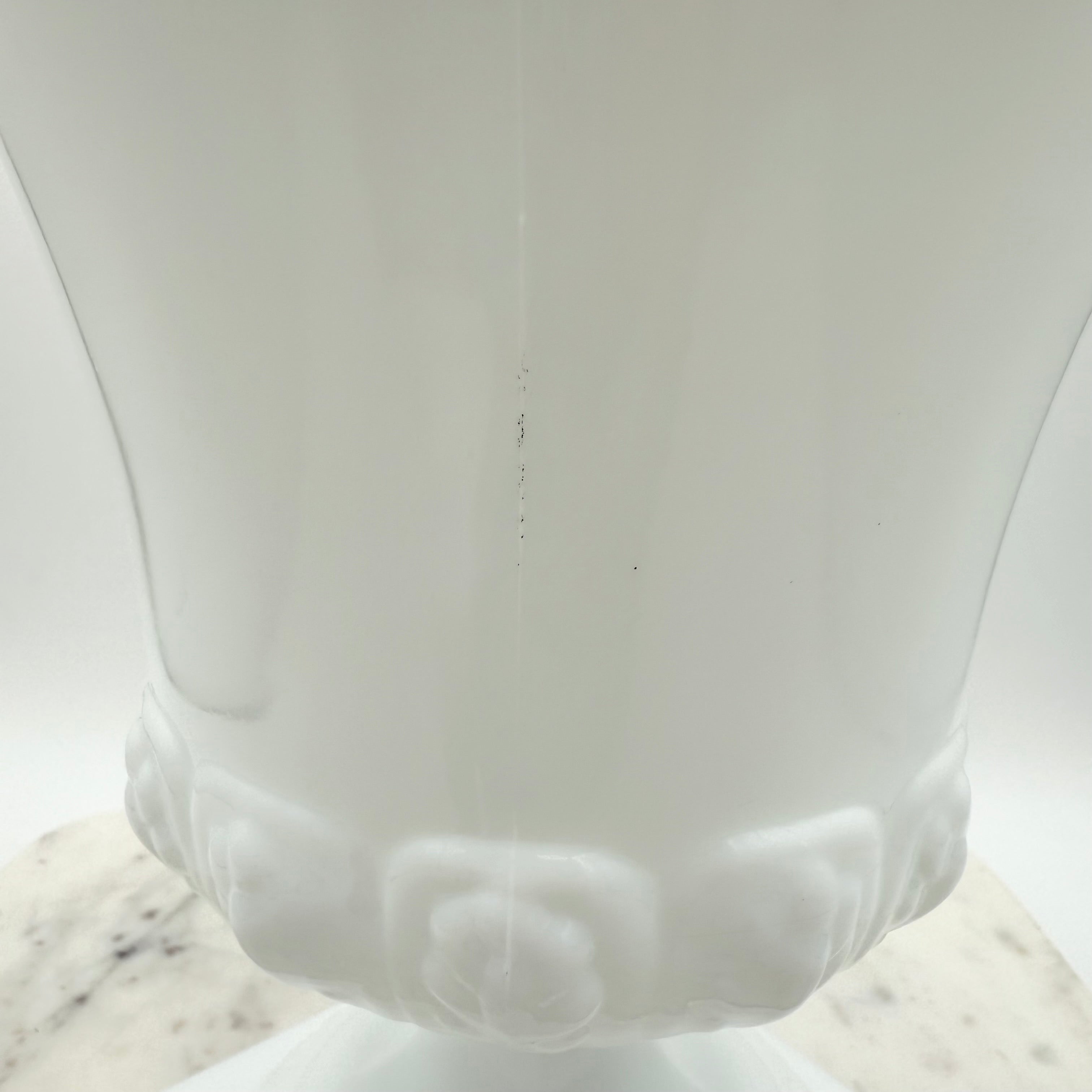 Vintage white milk glass urn with Greek key and leaf motif. Elegant pedestal vase collectible in excellent condition.