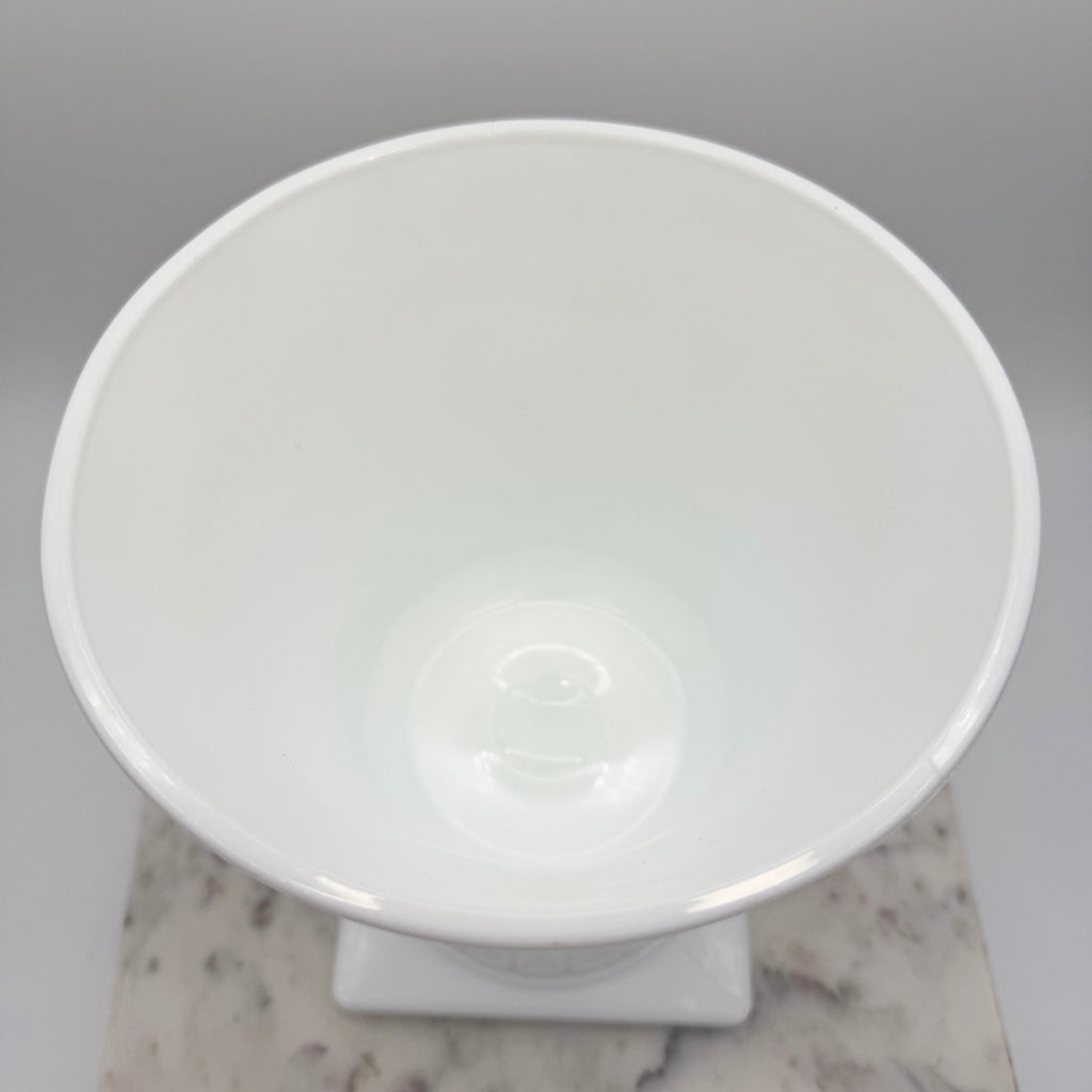 Vintage white milk glass urn with Greek key and leaf motif. Elegant pedestal vase collectible in excellent condition.