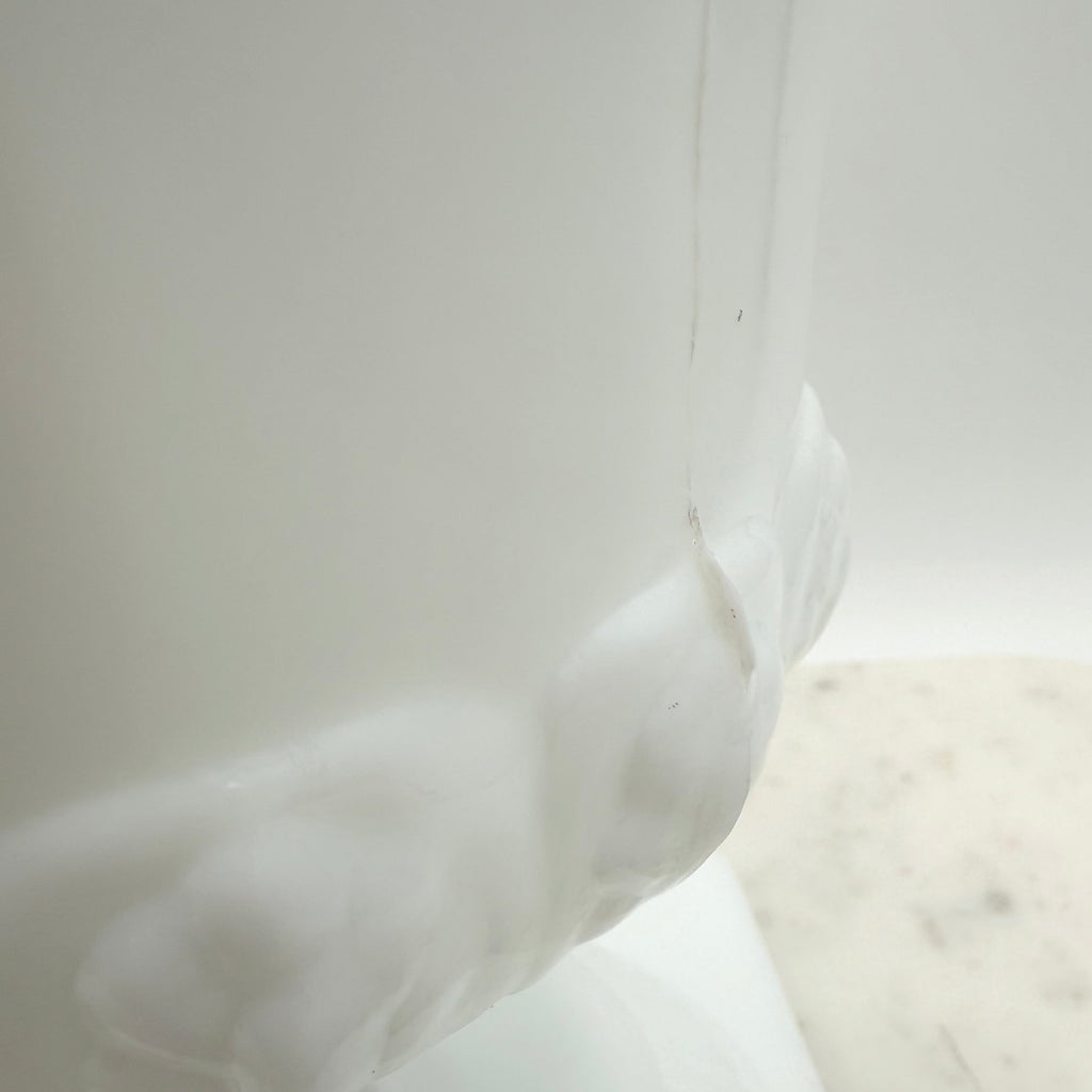 Vintage white milk glass urn with Greek key and leaf motif. Elegant pedestal vase collectible in excellent condition.