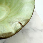 Vintage Frankoma Pottery cornucopia in green and brown glaze. Marked 'Frankoma 222'. Excellent collectible seasonal decor.