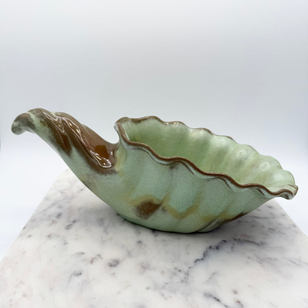 Vintage Frankoma Pottery cornucopia in green and brown glaze. Marked 'Frankoma 222'. Excellent collectible seasonal decor.